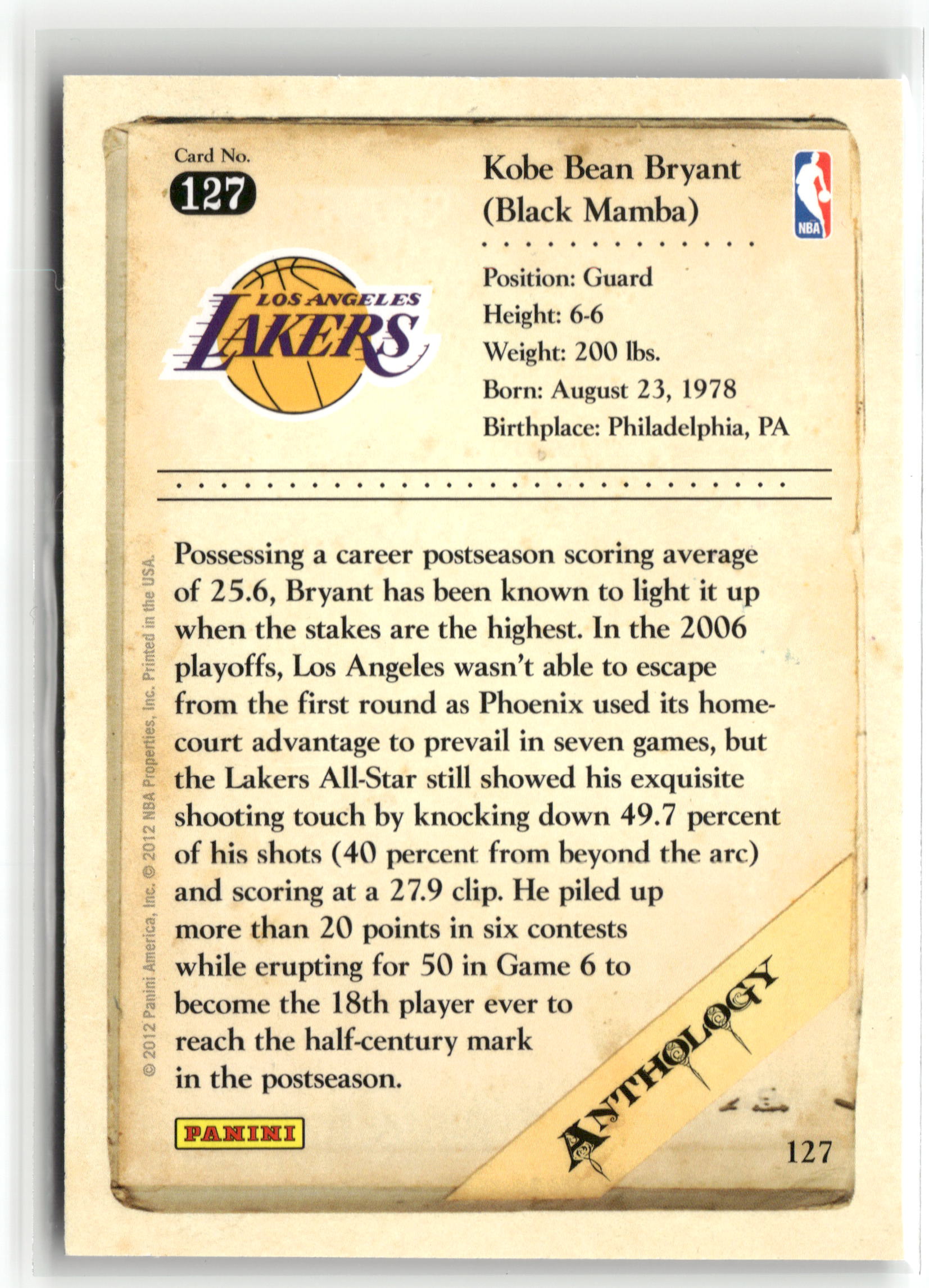 Basketball NBA Kobe Bryant 2012 Panini Kobe Anthology #127 Los Angeles Lakers Trading Card Original