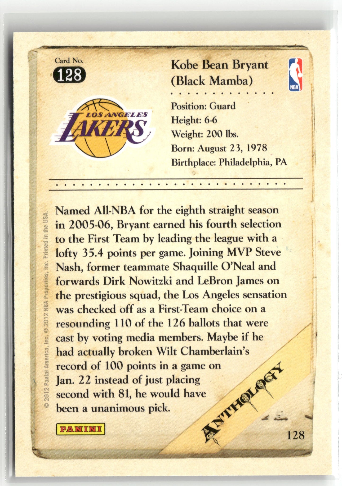 Basketball NBA Kobe Bryant 2012 Panini Kobe Anthology #128 Los Angeles Lakers Trading Card Original