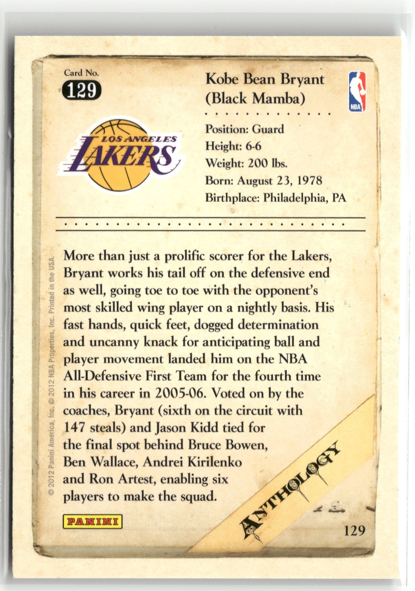 Basketball NBA Kobe Bryant 2012 Panini Kobe Anthology #129 Los Angeles Lakers Trading Card Original