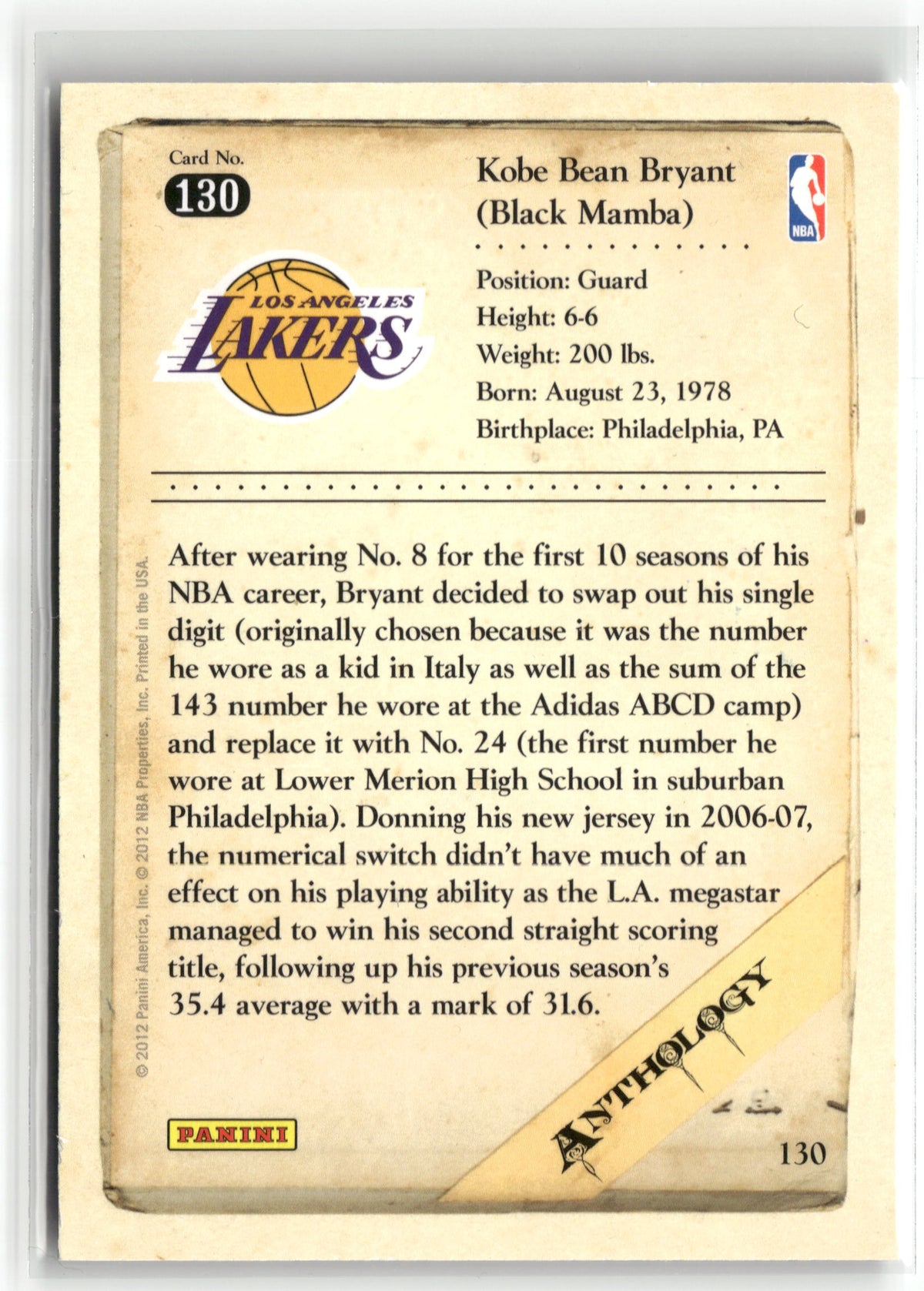 Basketball NBA Kobe Bryant 2012 Panini Kobe Anthology #130 Los Angeles Lakers Trading Card Original