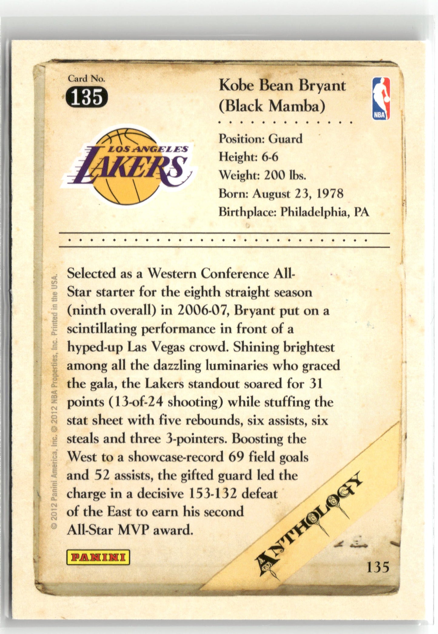 Basketball NBA Kobe Bryant 2012 Panini Kobe Anthology #135 Los Angeles Lakers Trading Card Original