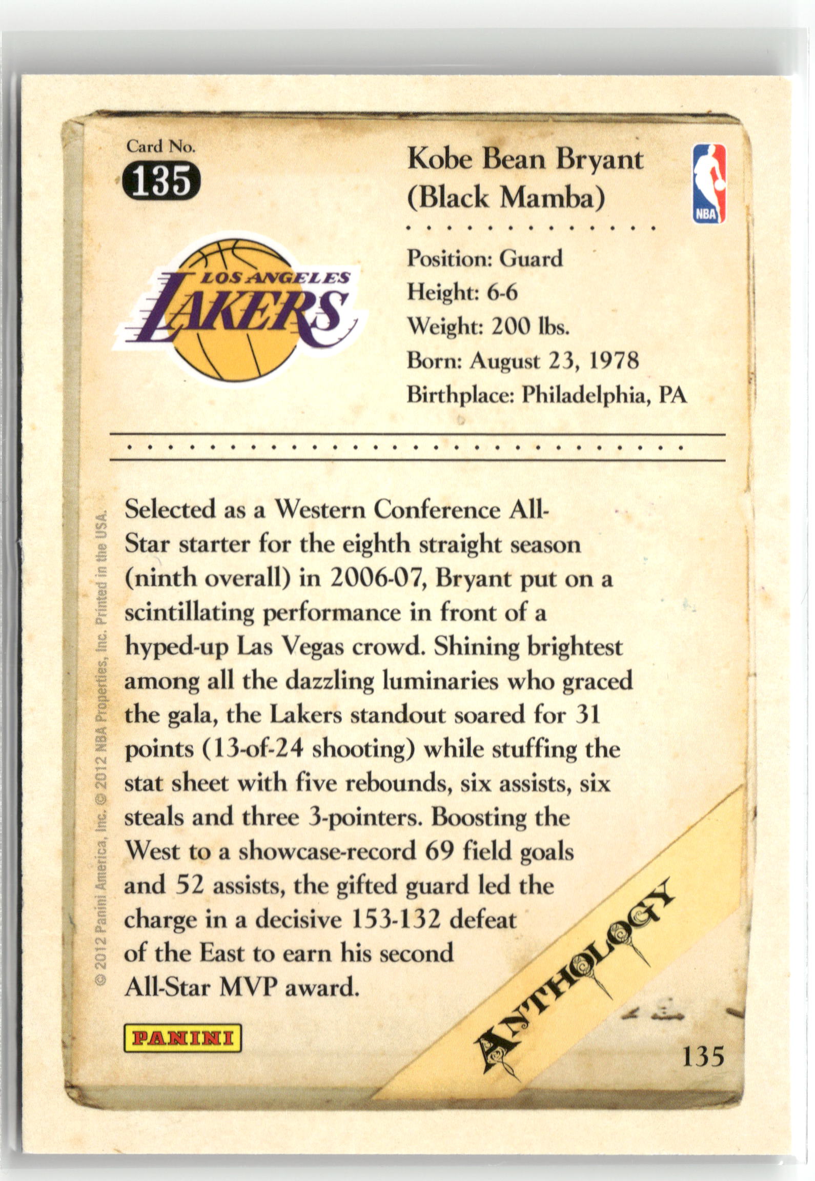 Basketball NBA Kobe Bryant 2012 Panini Kobe Anthology #135 Los Angeles Lakers Trading Card Original