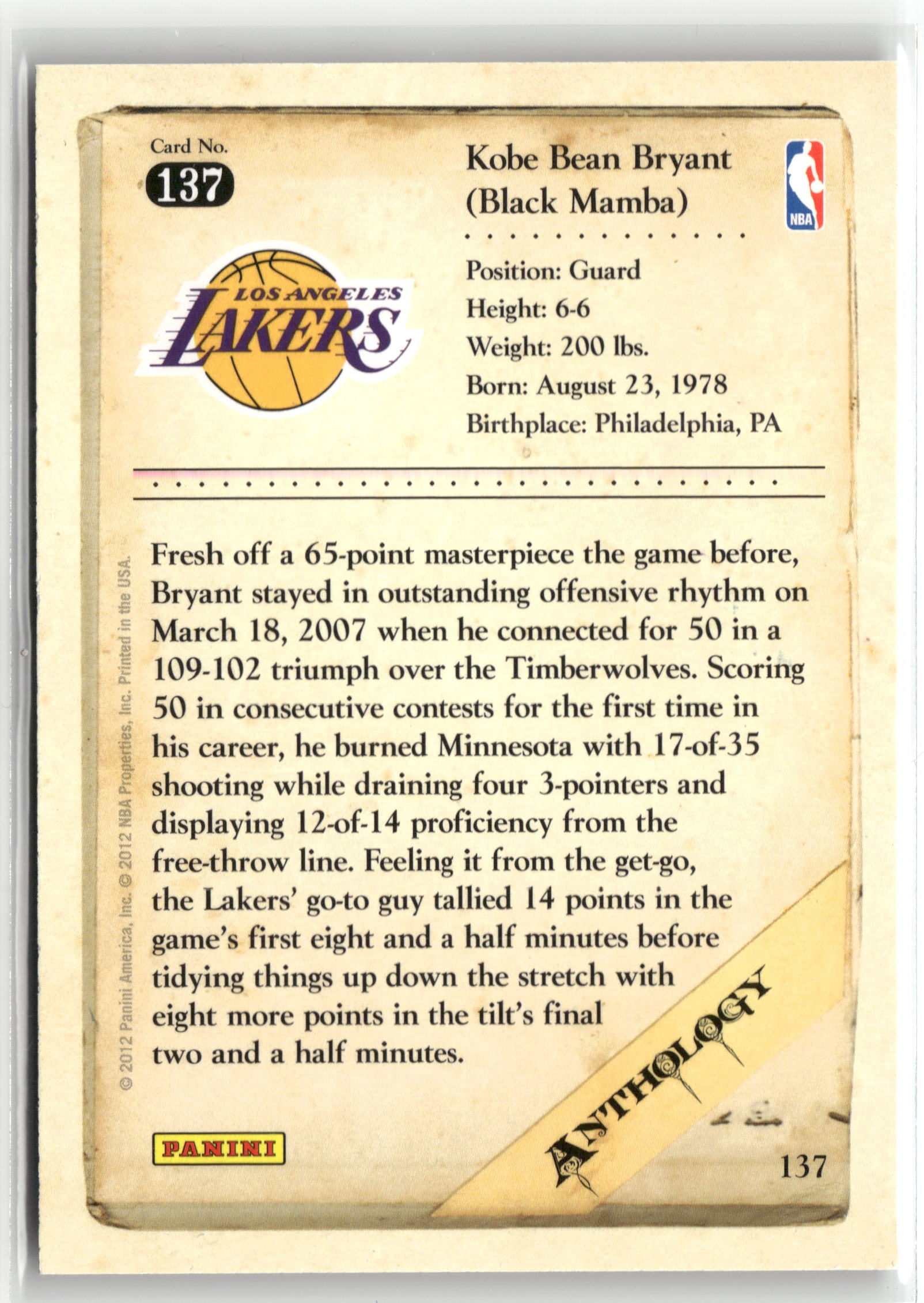 Basketball NBA Kobe Bryant 2012 Panini Kobe Anthology #137 Los Angeles Lakers Trading Card Original