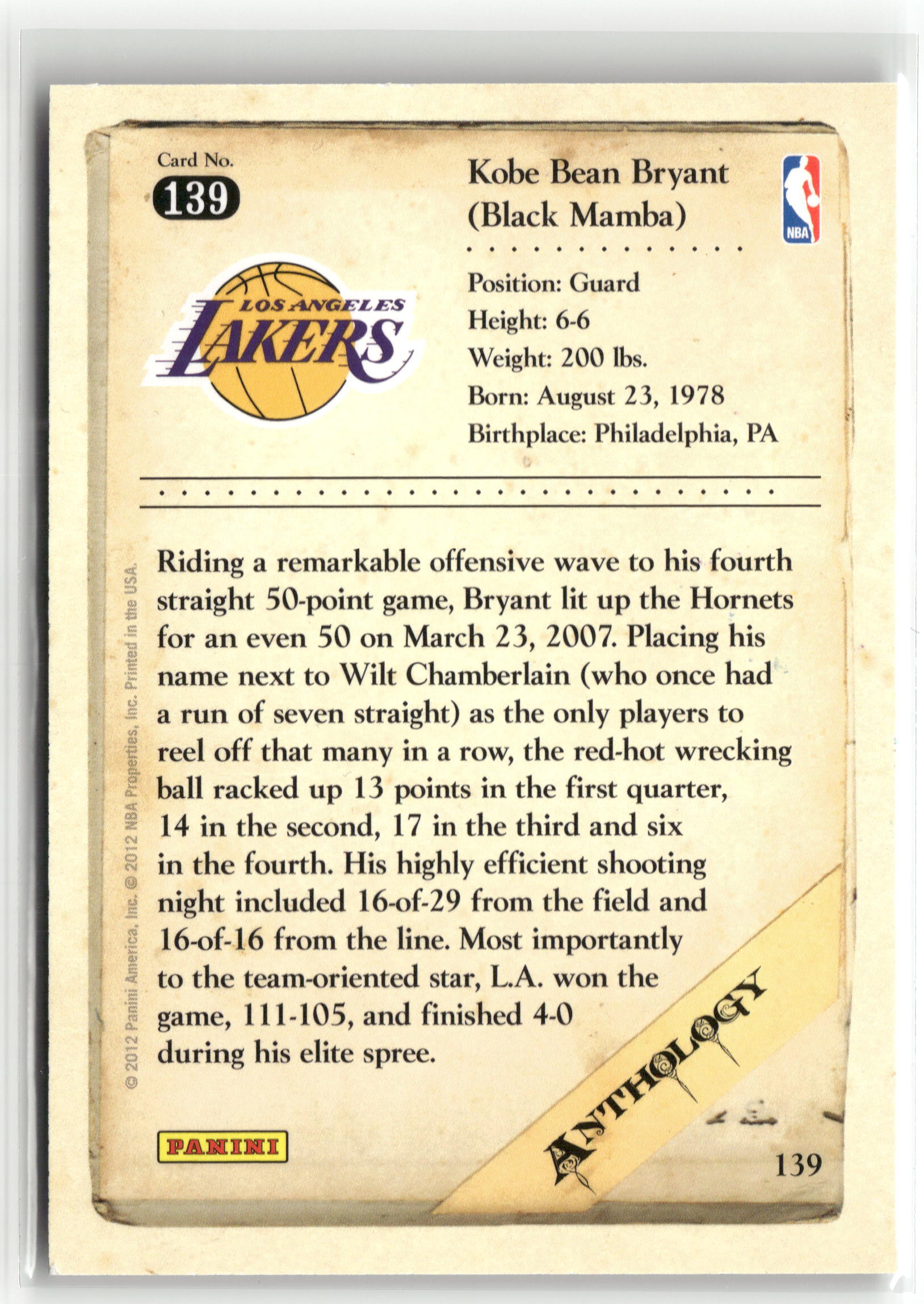 Basketball NBA Kobe Bryant 2012 Panini Kobe Anthology #139 Los Angeles Lakers Trading Card Original