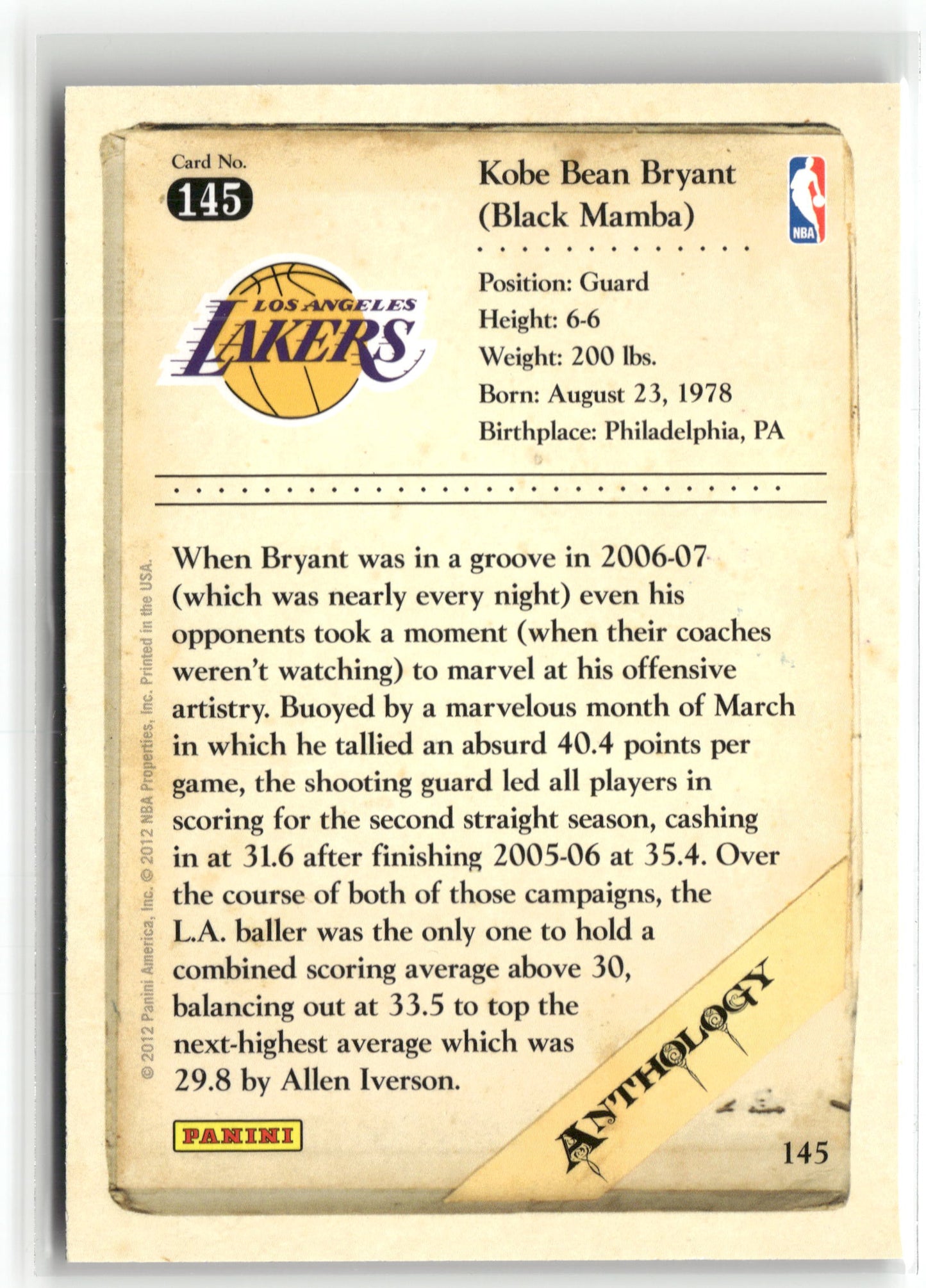 Basketball NBA Kobe Bryant 2012 Panini Kobe Anthology #145 Los Angeles Lakers Trading Card Original