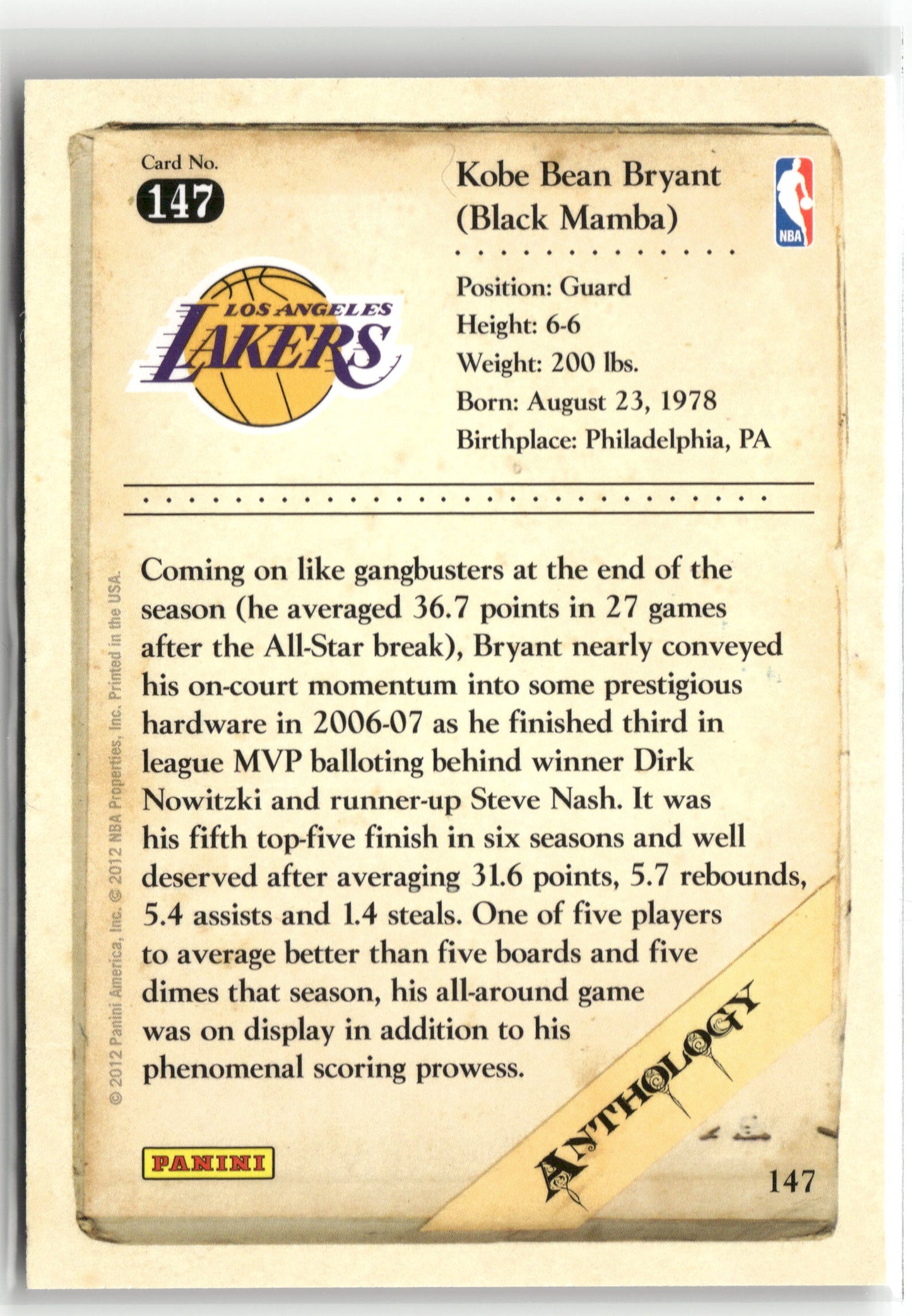 Basketball NBA Kobe Bryant 2012 Panini Kobe Anthology #147 Los Angeles Lakers Trading Card Original