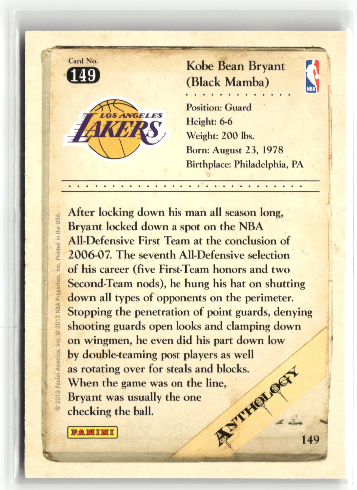 Basketball NBA Kobe Bryant 2012 Panini Kobe Anthology #149 Los Angeles Lakers Trading Card Original
