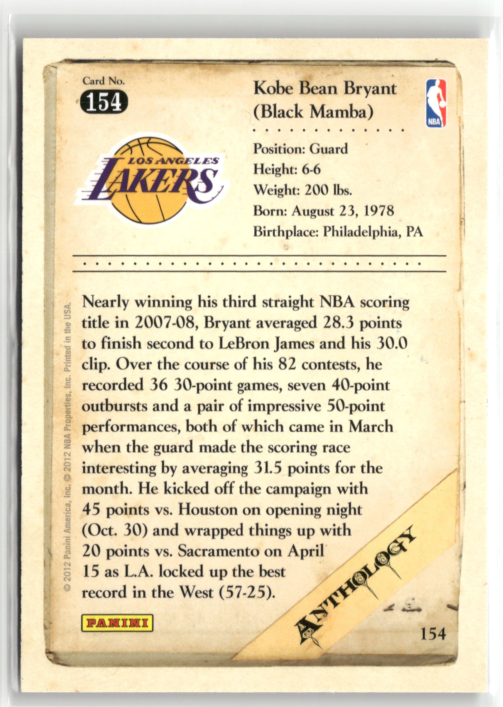 Basketball NBA Kobe Bryant 2012 Panini Kobe Anthology #154 Los Angeles Lakers Trading Card Original