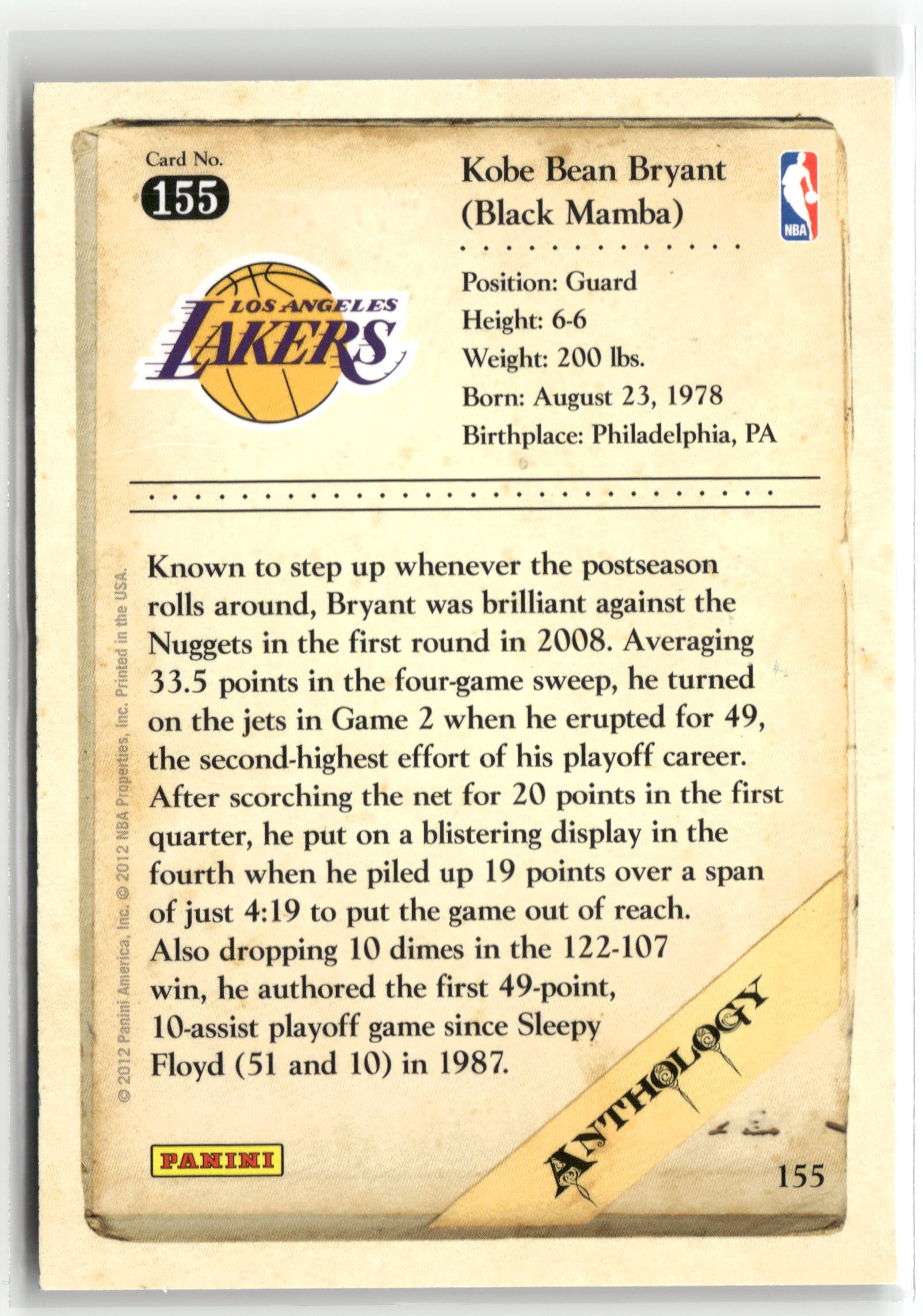 Basketball NBA Kobe Bryant 2012 Panini Kobe Anthology #155 Los Angeles Lakers Trading Card Original