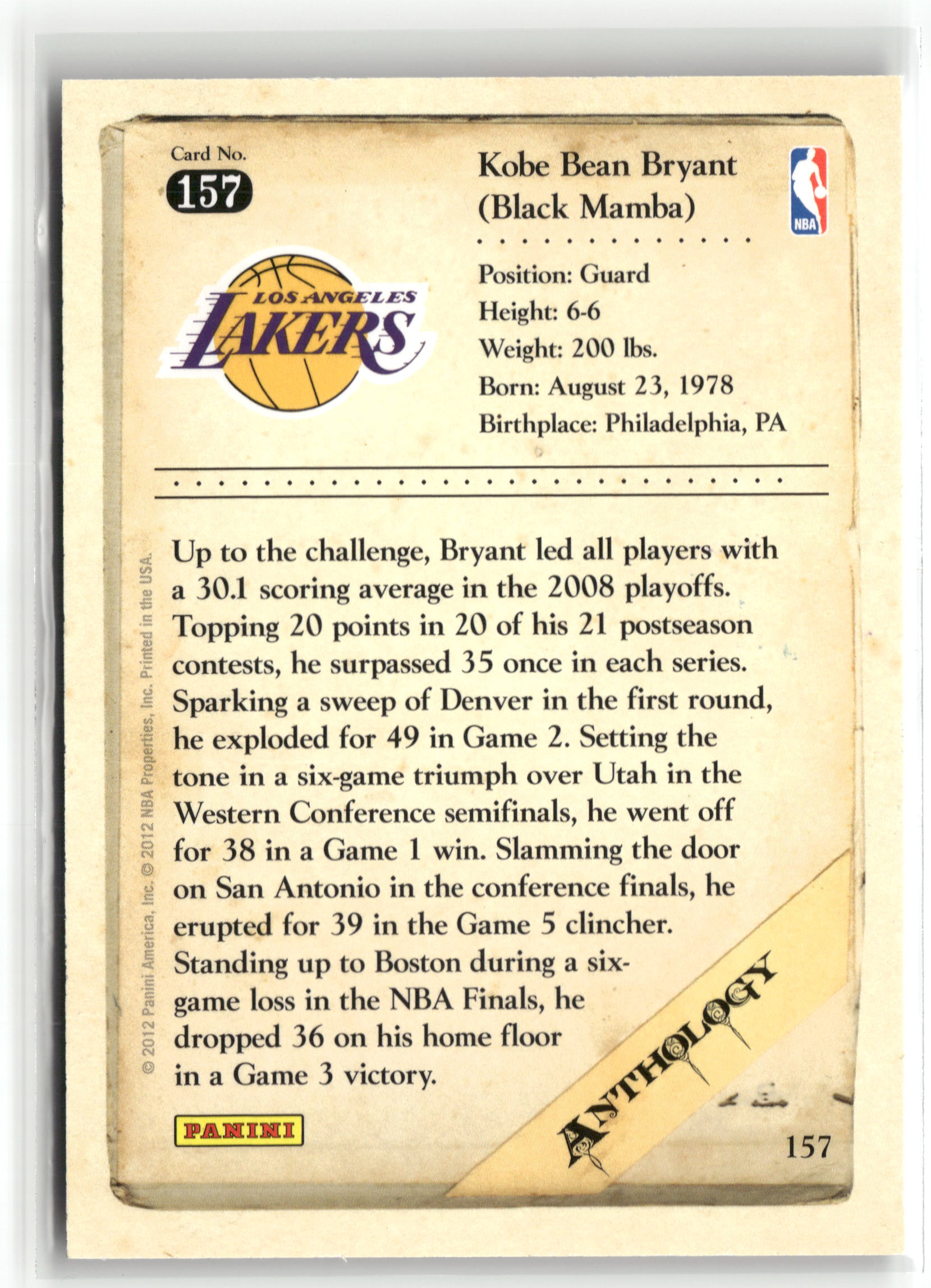 Basketball NBA Kobe Bryant 2012 Panini Kobe Anthology #157 Los Angeles Lakers Trading Card Original