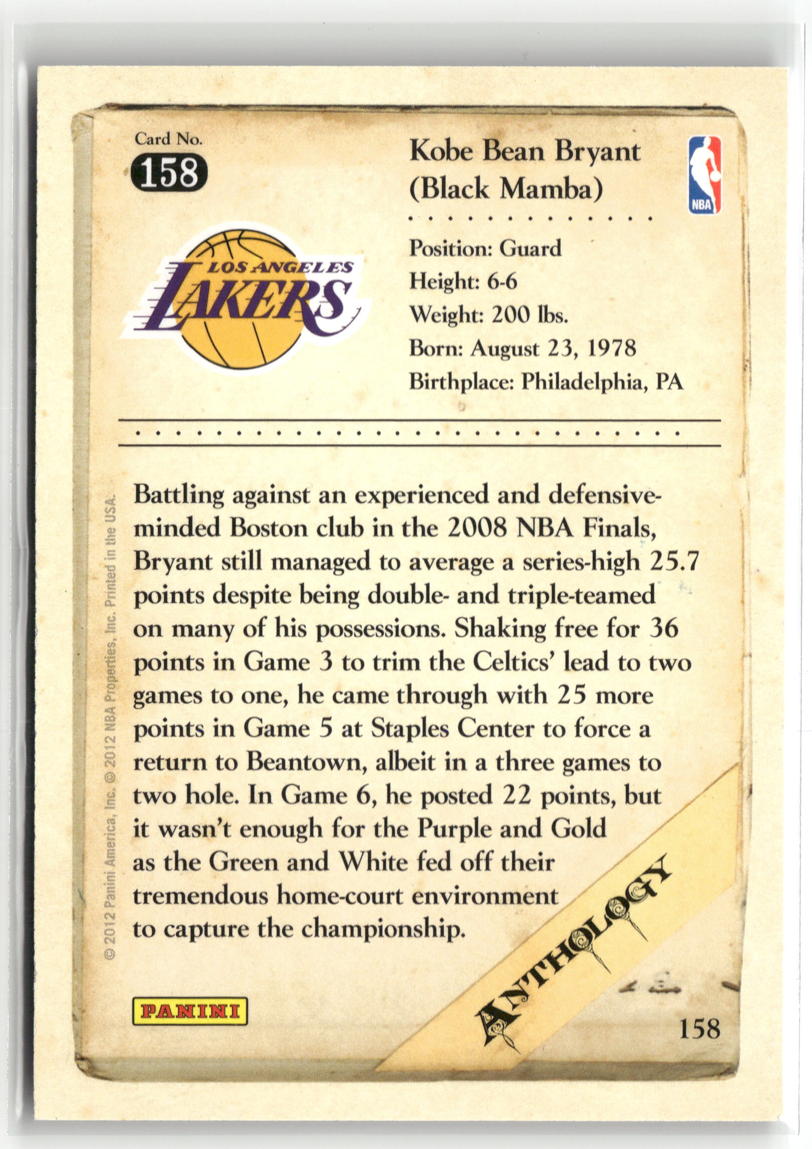 Basketball NBA Kobe Bryant 2012 Panini Kobe Anthology #158 Los Angeles Lakers Trading Card Original
