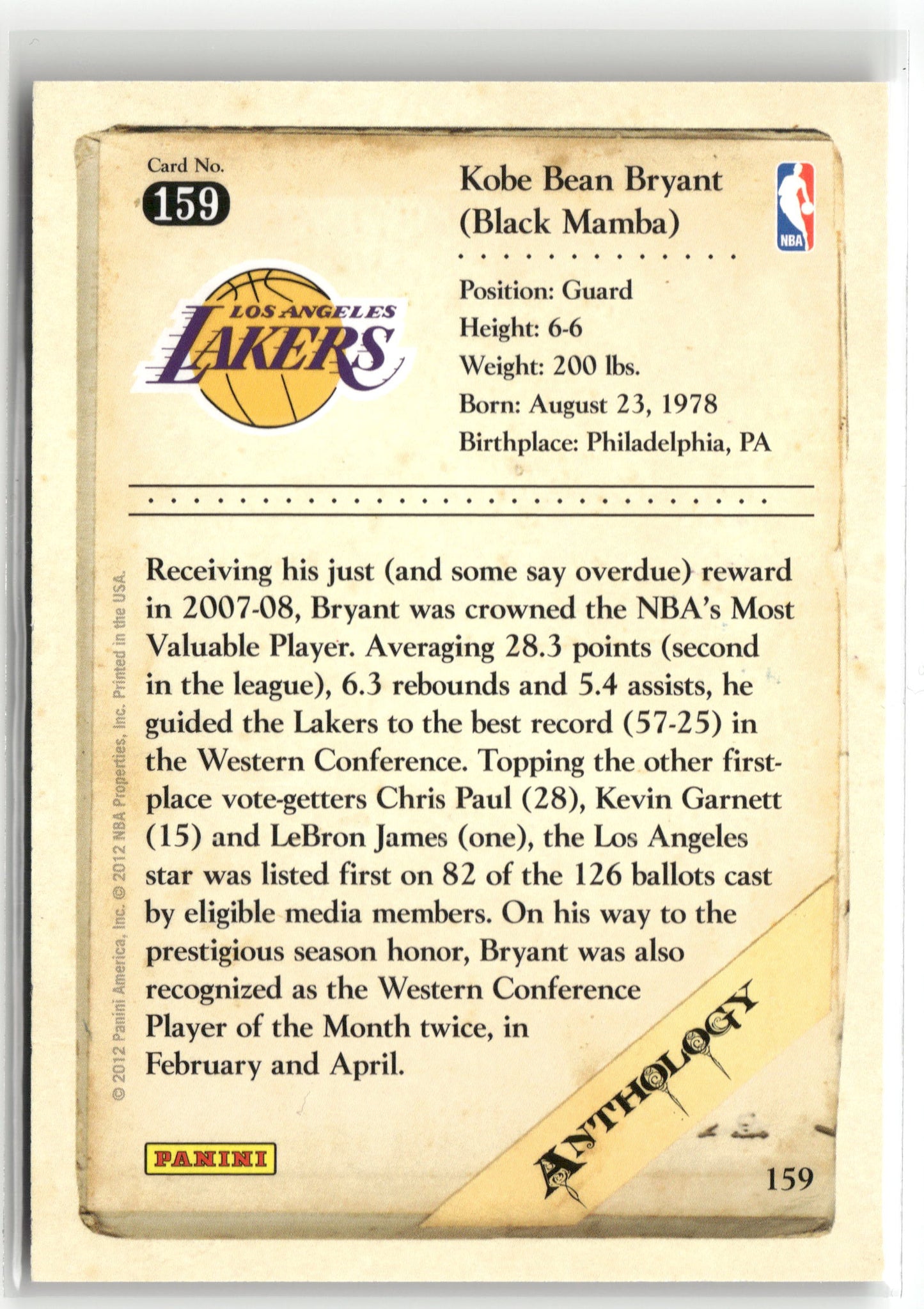 Basketball NBA Kobe Bryant 2012 Panini Kobe Anthology #159 Los Angeles Lakers Trading Card Original