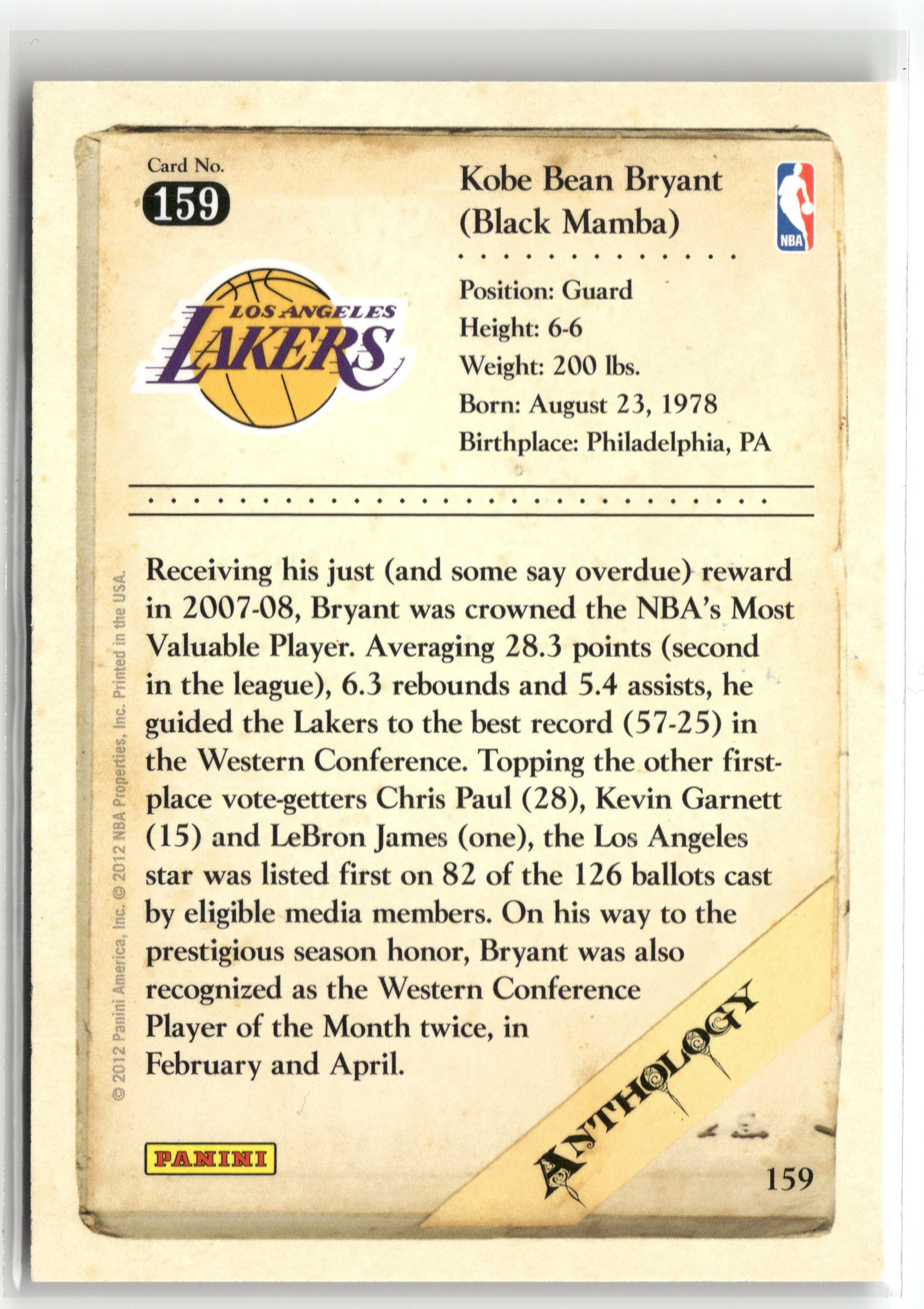 Basketball NBA Kobe Bryant 2012 Panini Kobe Anthology #159 Los Angeles Lakers Trading Card Original