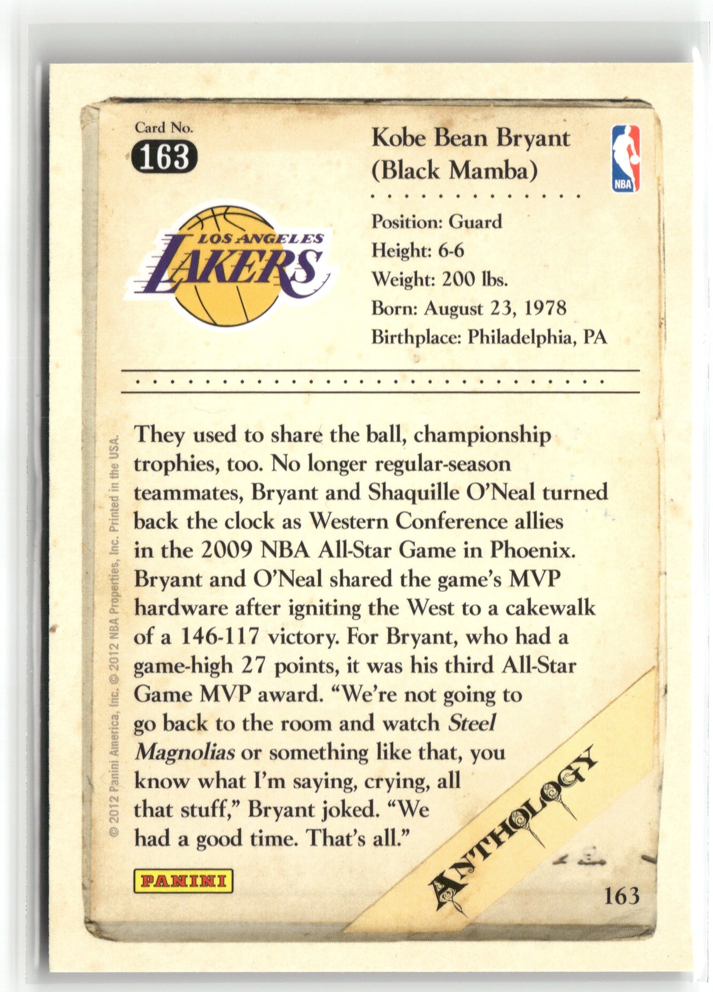 Basketball NBA Kobe Bryant 2012 Panini Kobe Anthology #163 Los Angeles Lakers Trading Card Original