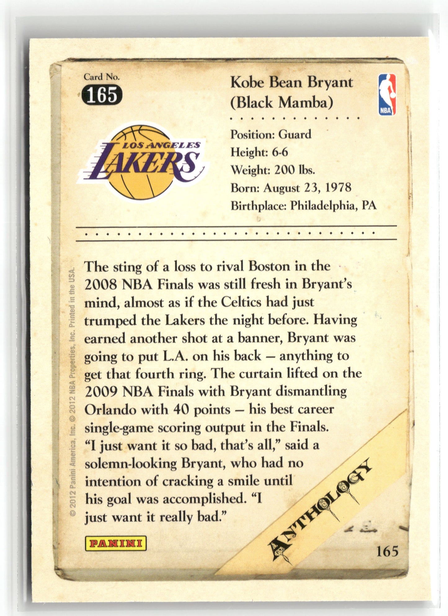 Basketball NBA Kobe Bryant 2012 Panini Kobe Anthology #165 Los Angeles Lakers Trading Card Original