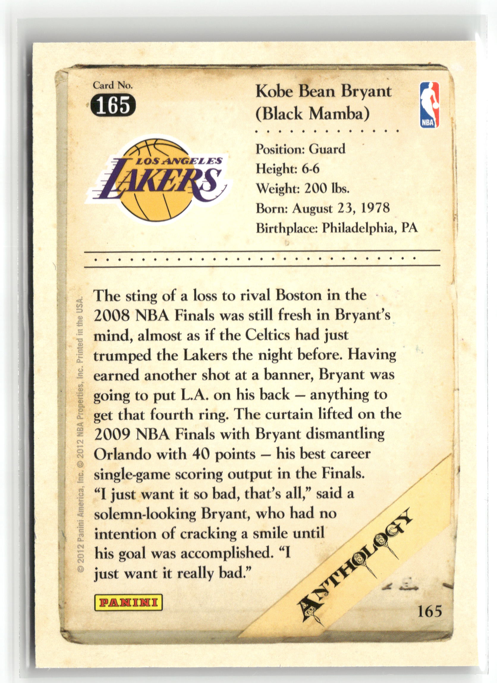 Basketball NBA Kobe Bryant 2012 Panini Kobe Anthology #165 Los Angeles Lakers Trading Card Original