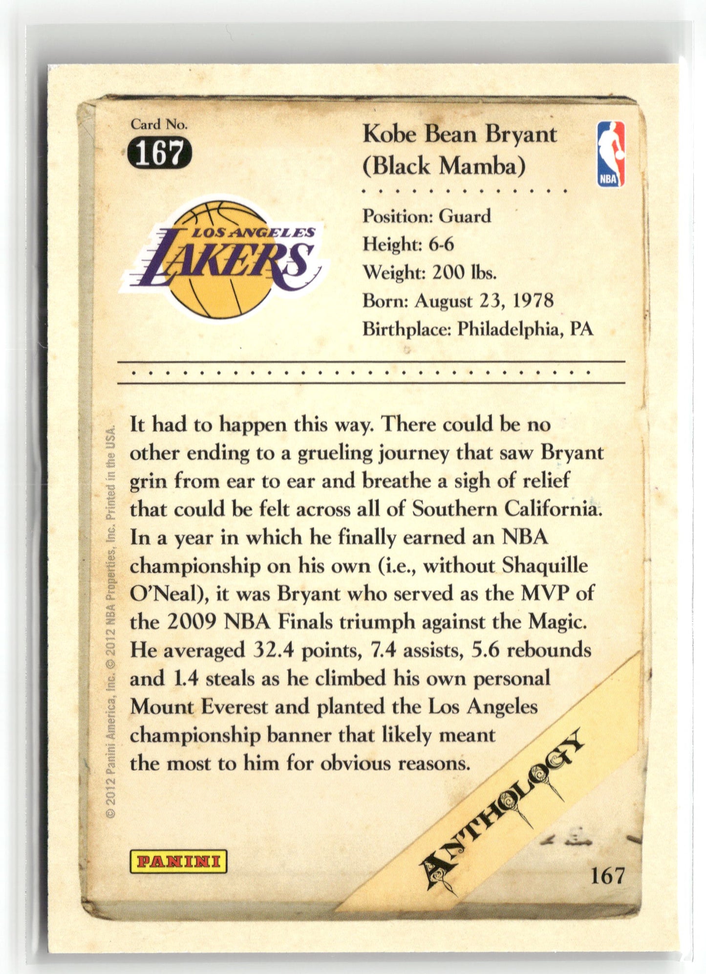 Basketball NBA Kobe Bryant 2012 Panini Kobe Anthology #167 Los Angeles Lakers Trading Card Original
