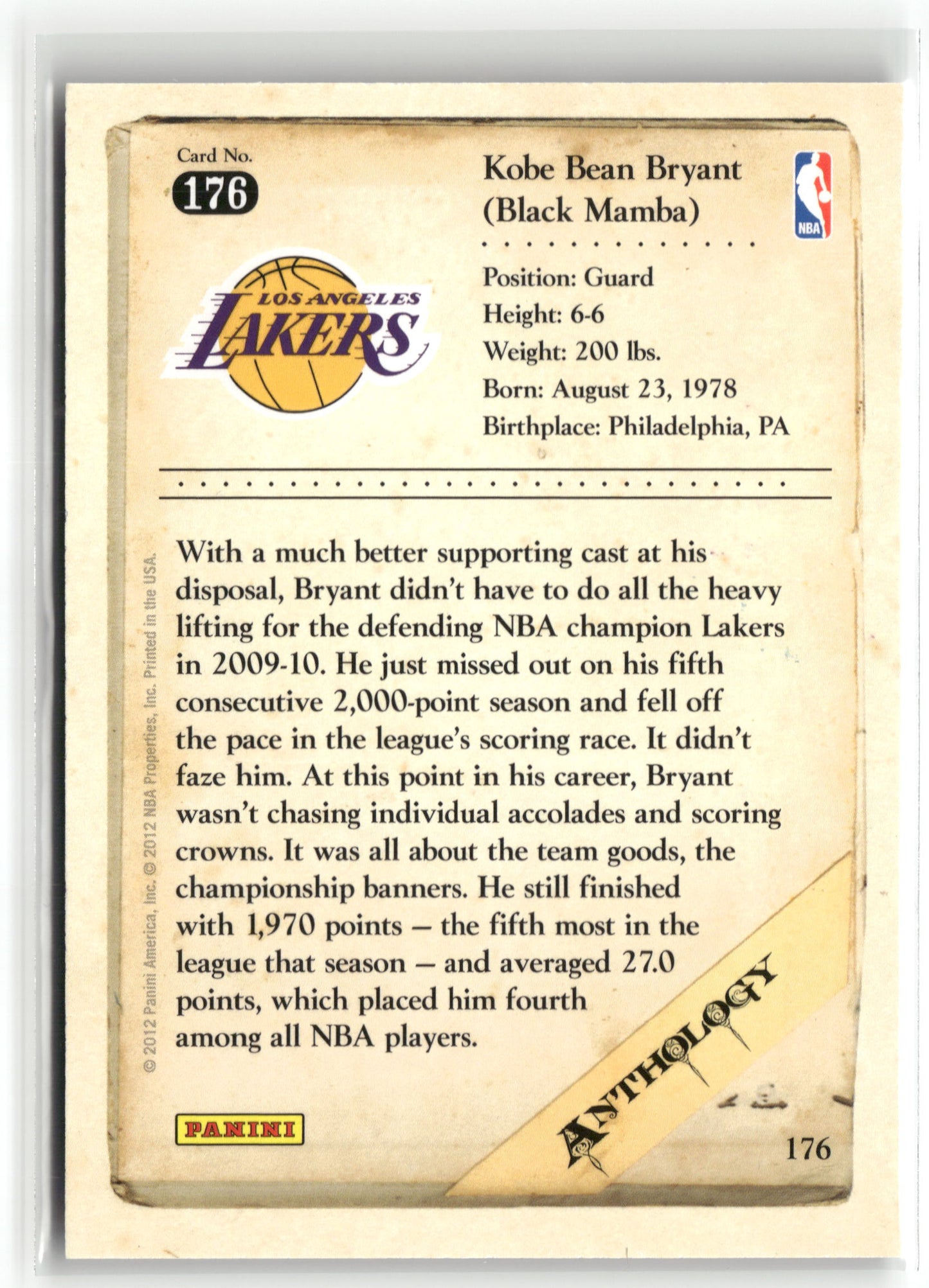 Basketball NBA Kobe Bryant 2012 Panini Kobe Anthology #176 Los Angeles Lakers Trading Card Original