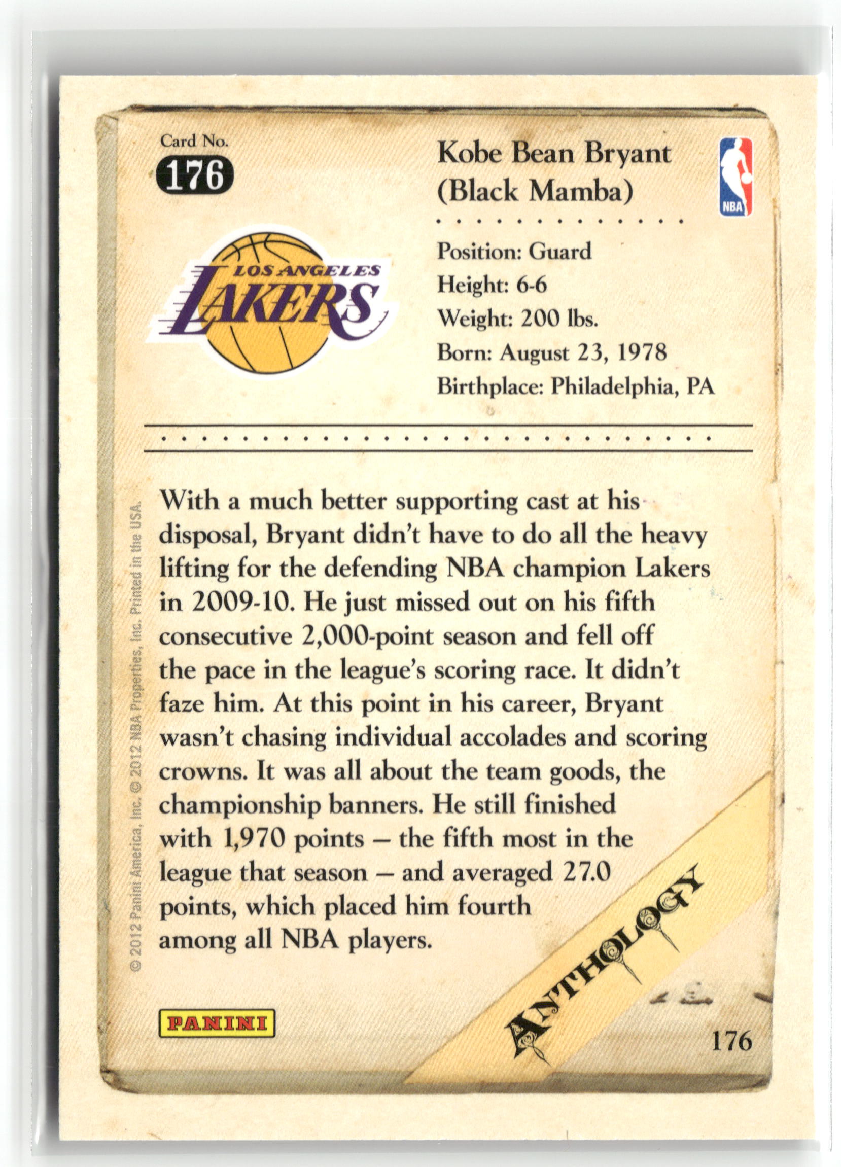 Basketball NBA Kobe Bryant 2012 Panini Kobe Anthology #176 Los Angeles Lakers Trading Card Original