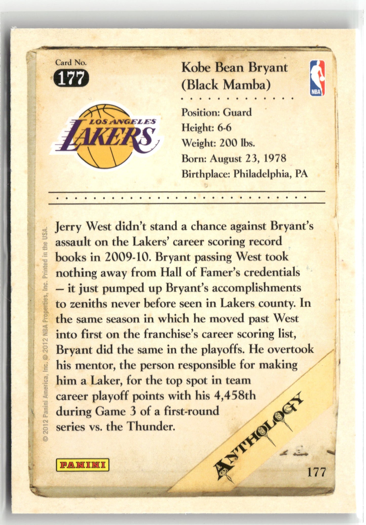 Basketball NBA Kobe Bryant 2012 Panini Kobe Anthology #177 Los Angeles Lakers Trading Card Original