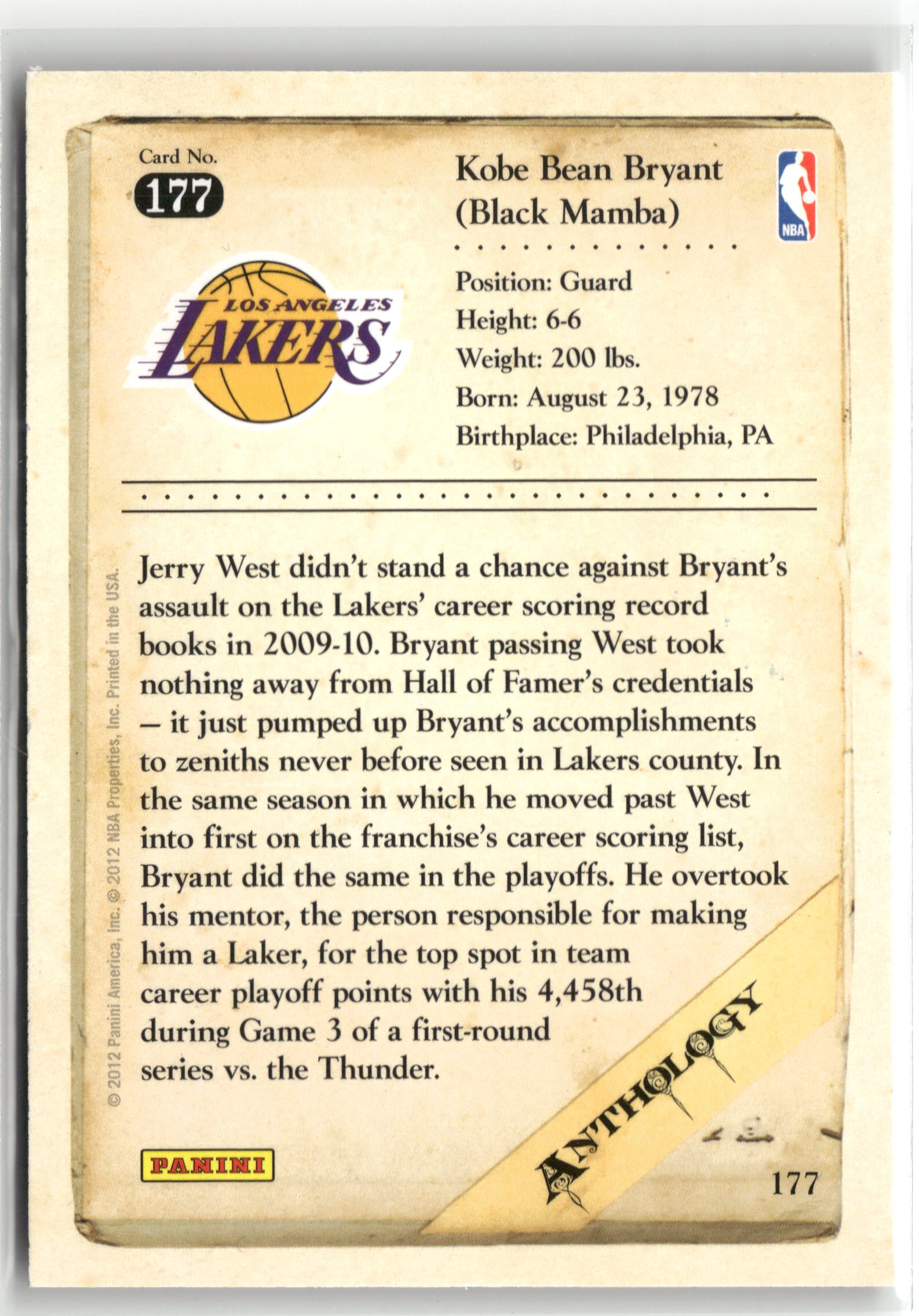 Basketball NBA Kobe Bryant 2012 Panini Kobe Anthology #177 Los Angeles Lakers Trading Card Original