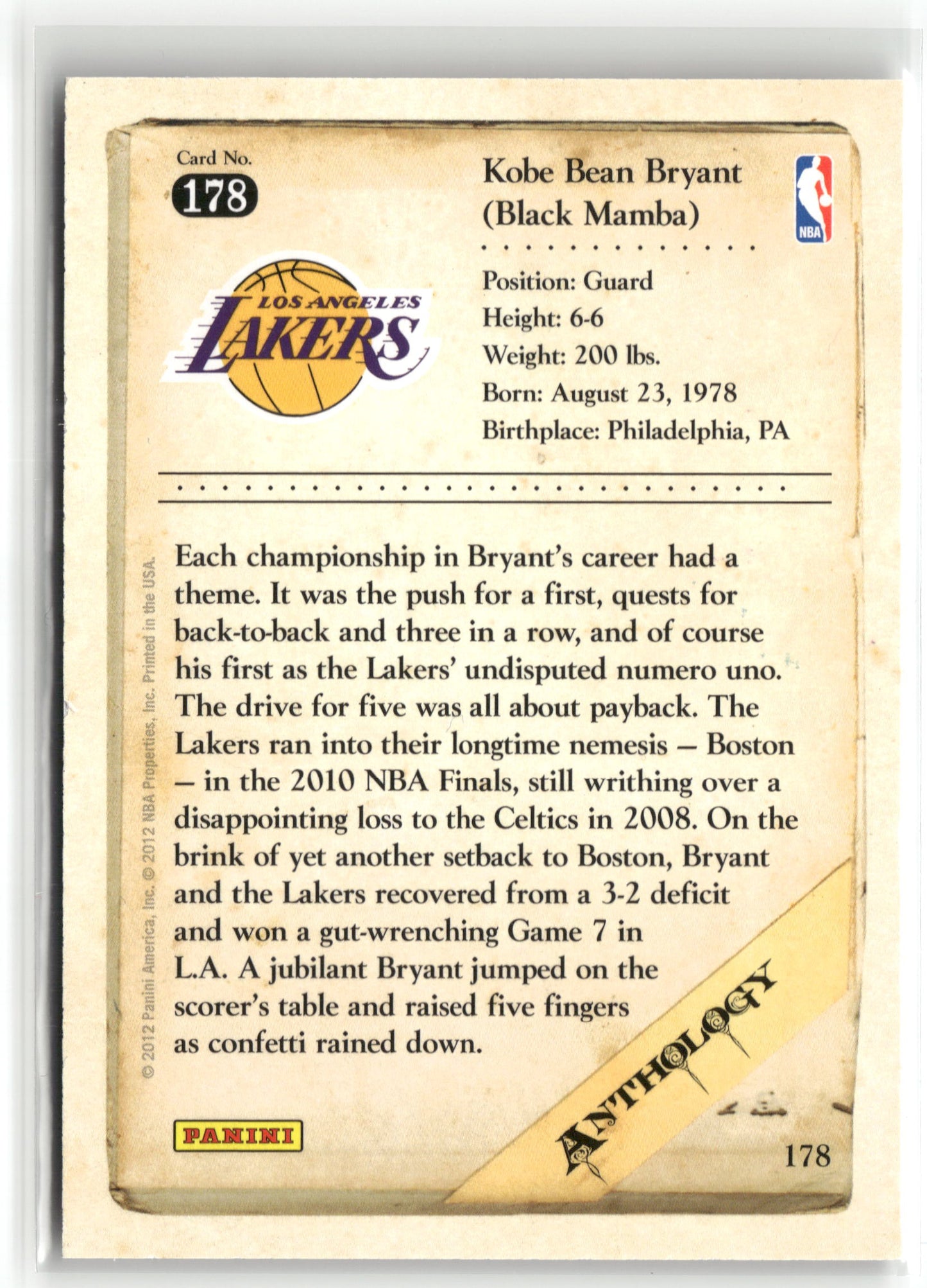 Basketball NBA Kobe Bryant 2012 Panini Kobe Anthology #178 Los Angeles Lakers Trading Card Original
