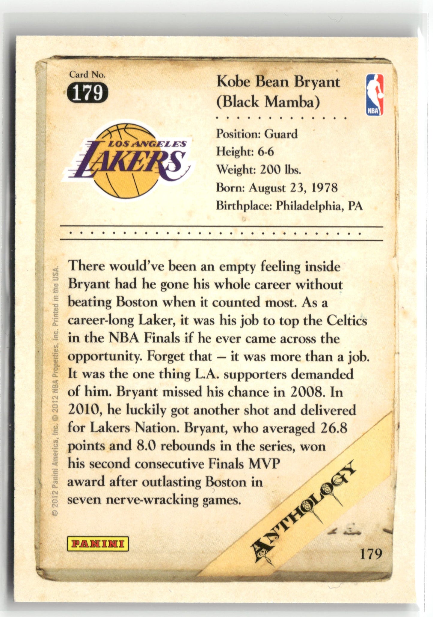Basketball NBA Kobe Bryant 2012 Panini Kobe Anthology #179 Los Angeles Lakers Trading Card Original