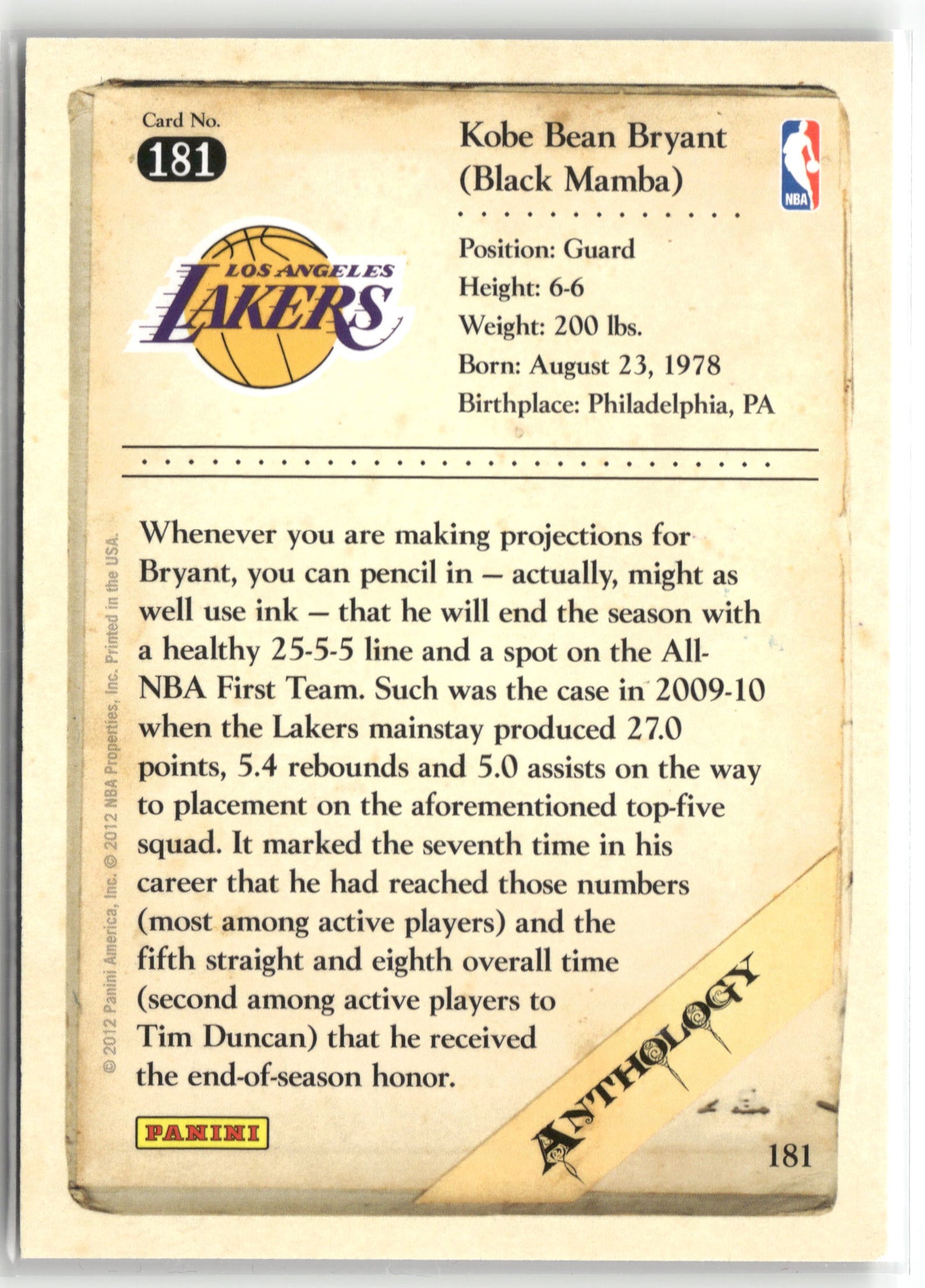 Basketball NBA Kobe Bryant 2012 Panini Kobe Anthology #181 Los Angeles Lakers Trading Card Original