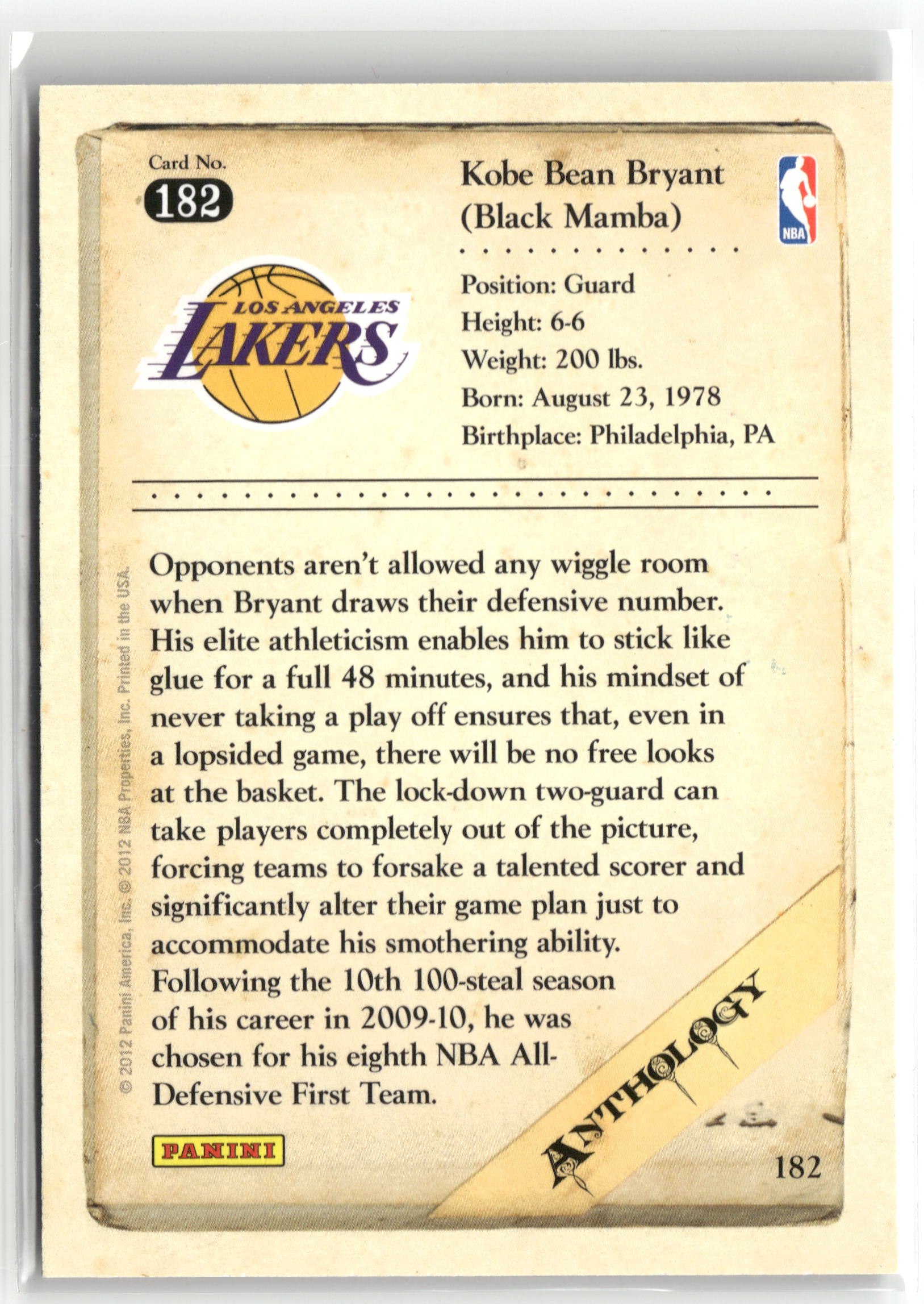 Basketball NBA Kobe Bryant 2012 Panini Kobe Anthology #182 Los Angeles Lakers Trading Card Original