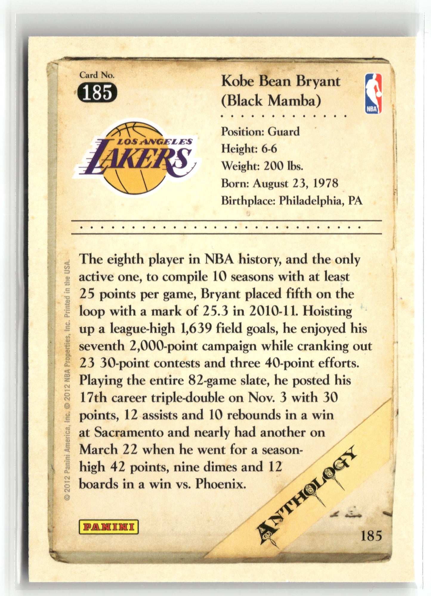 Basketball NBA Kobe Bryant 2012 Panini Kobe Anthology #185 Los Angeles Lakers Trading Card Original