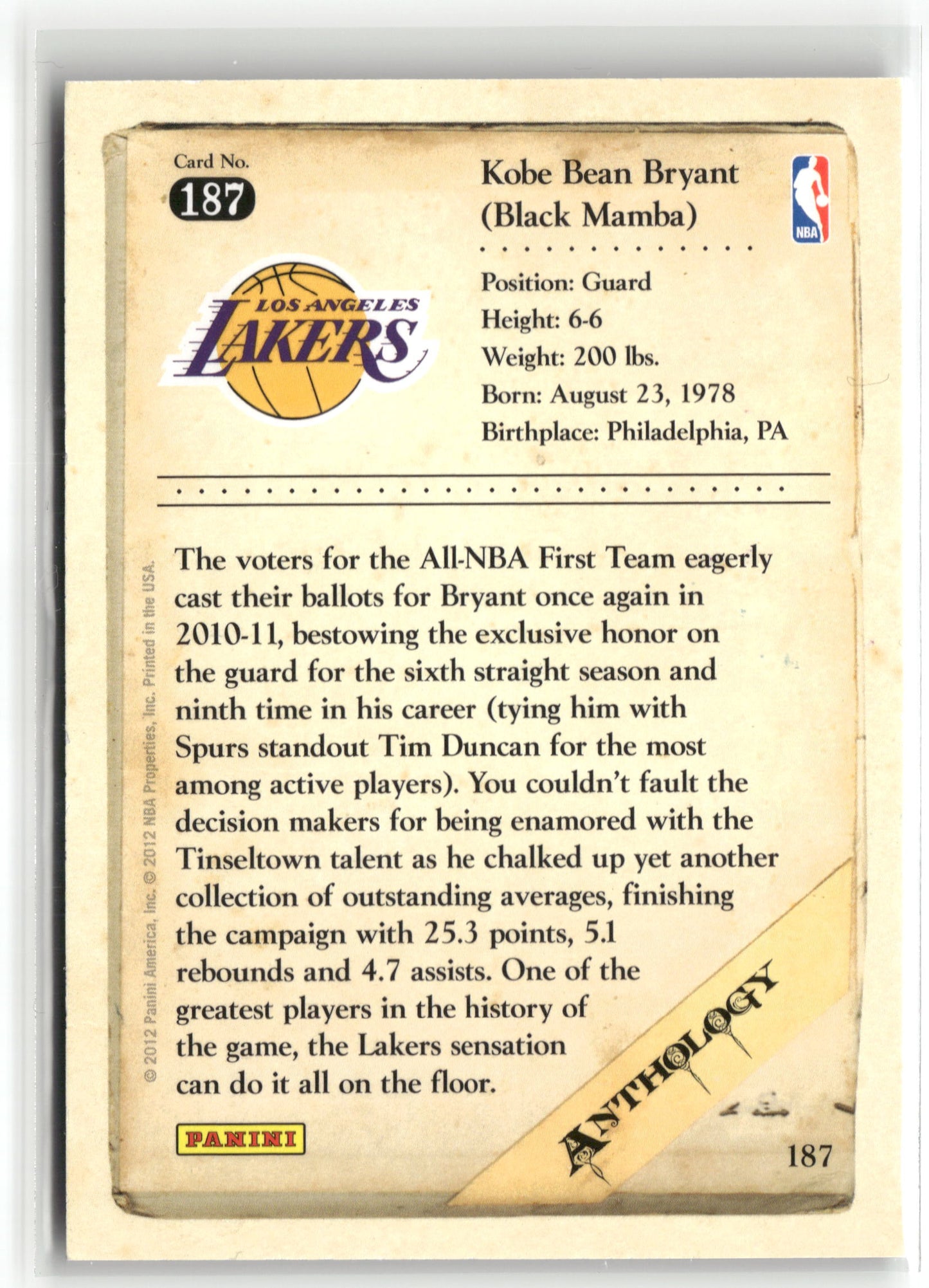 Basketball NBA Kobe Bryant 2012 Panini Kobe Anthology #187 Los Angeles Lakers Trading Card Original