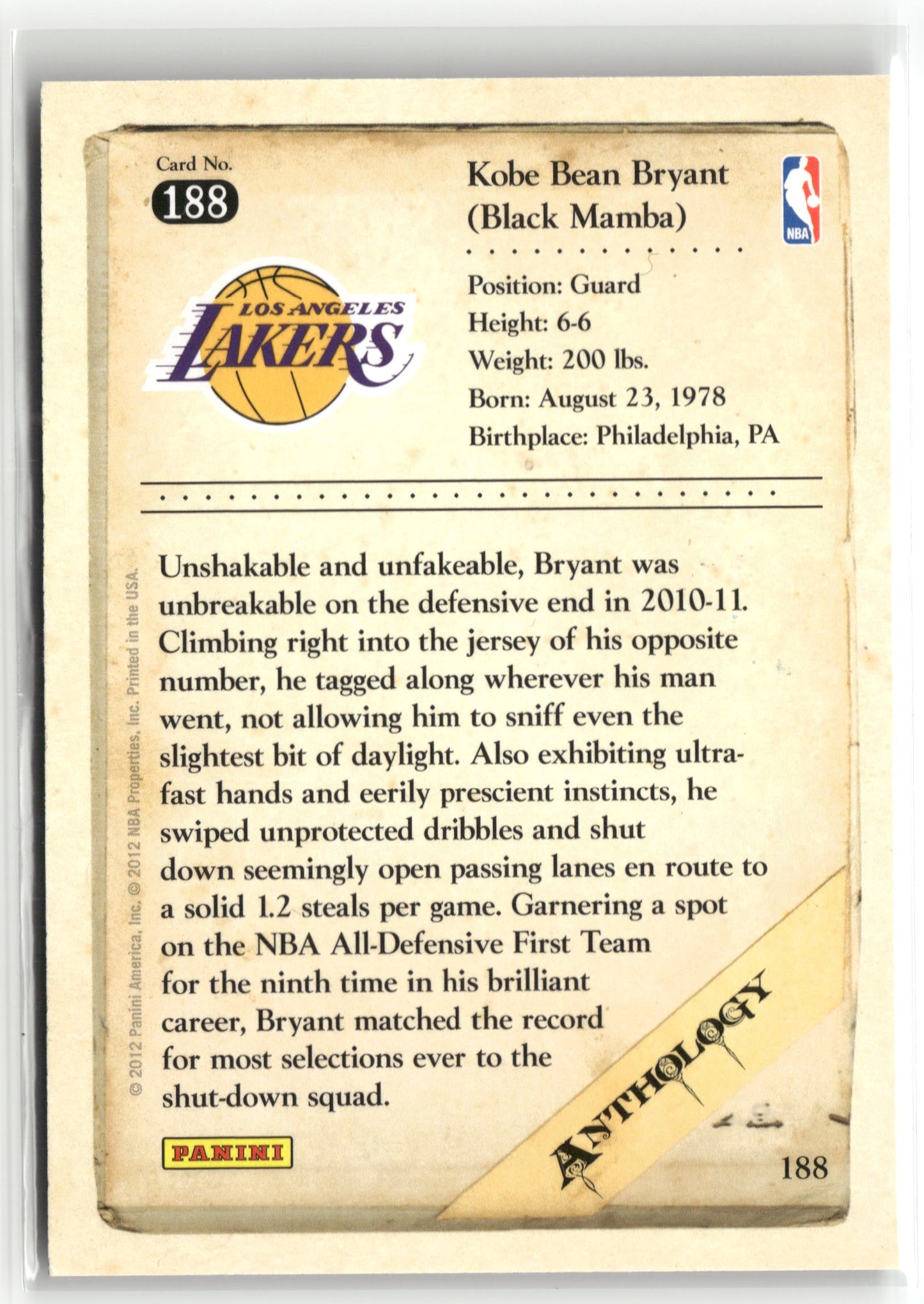 Basketball NBA Kobe Bryant 2012 Panini Kobe Anthology #188 Los Angeles Lakers Trading Card Original
