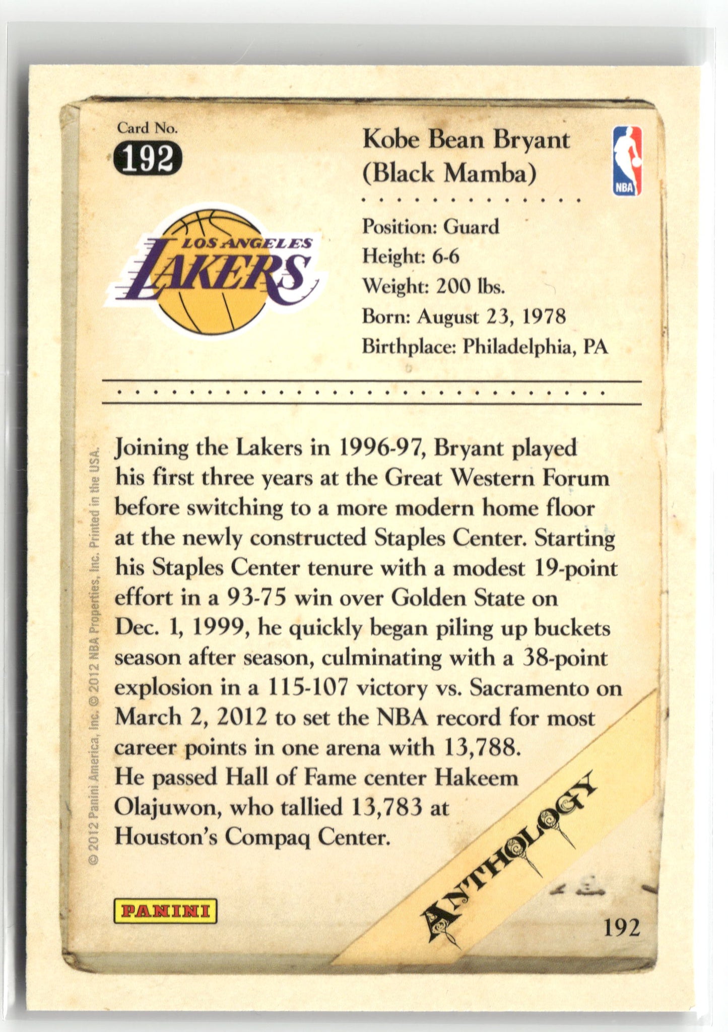 Basketball NBA Kobe Bryant 2012 Panini Kobe Anthology #192 Los Angeles Lakers Trading Card Original