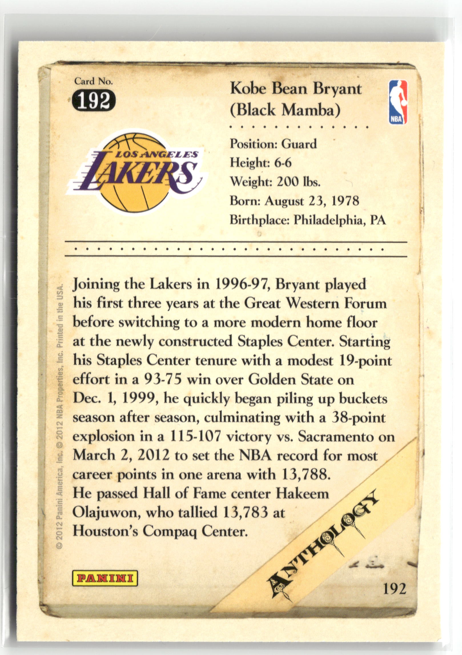 Basketball NBA Kobe Bryant 2012 Panini Kobe Anthology #192 Los Angeles Lakers Trading Card Original