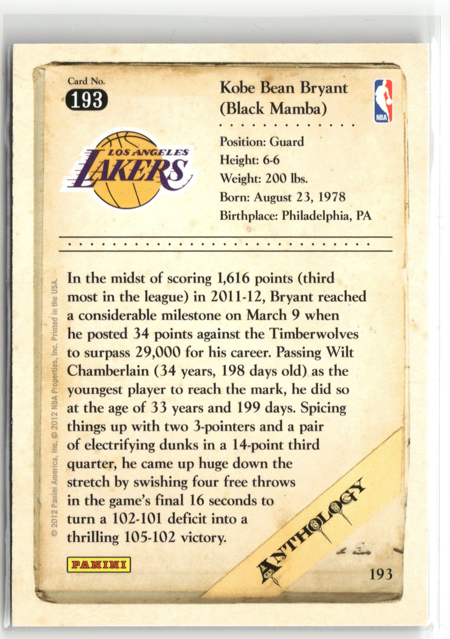Basketball NBA Kobe Bryant 2012 Panini Kobe Anthology #193 Los Angeles Lakers Trading Card Original