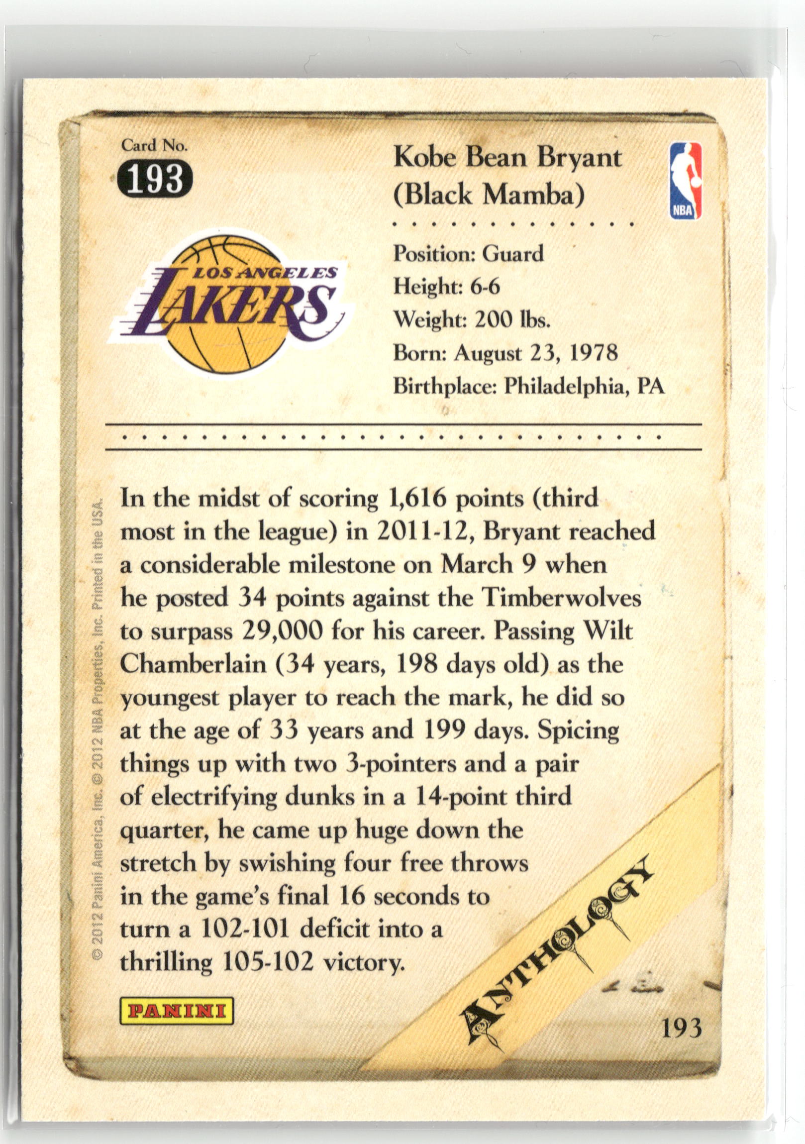 Basketball NBA Kobe Bryant 2012 Panini Kobe Anthology #193 Los Angeles Lakers Trading Card Original