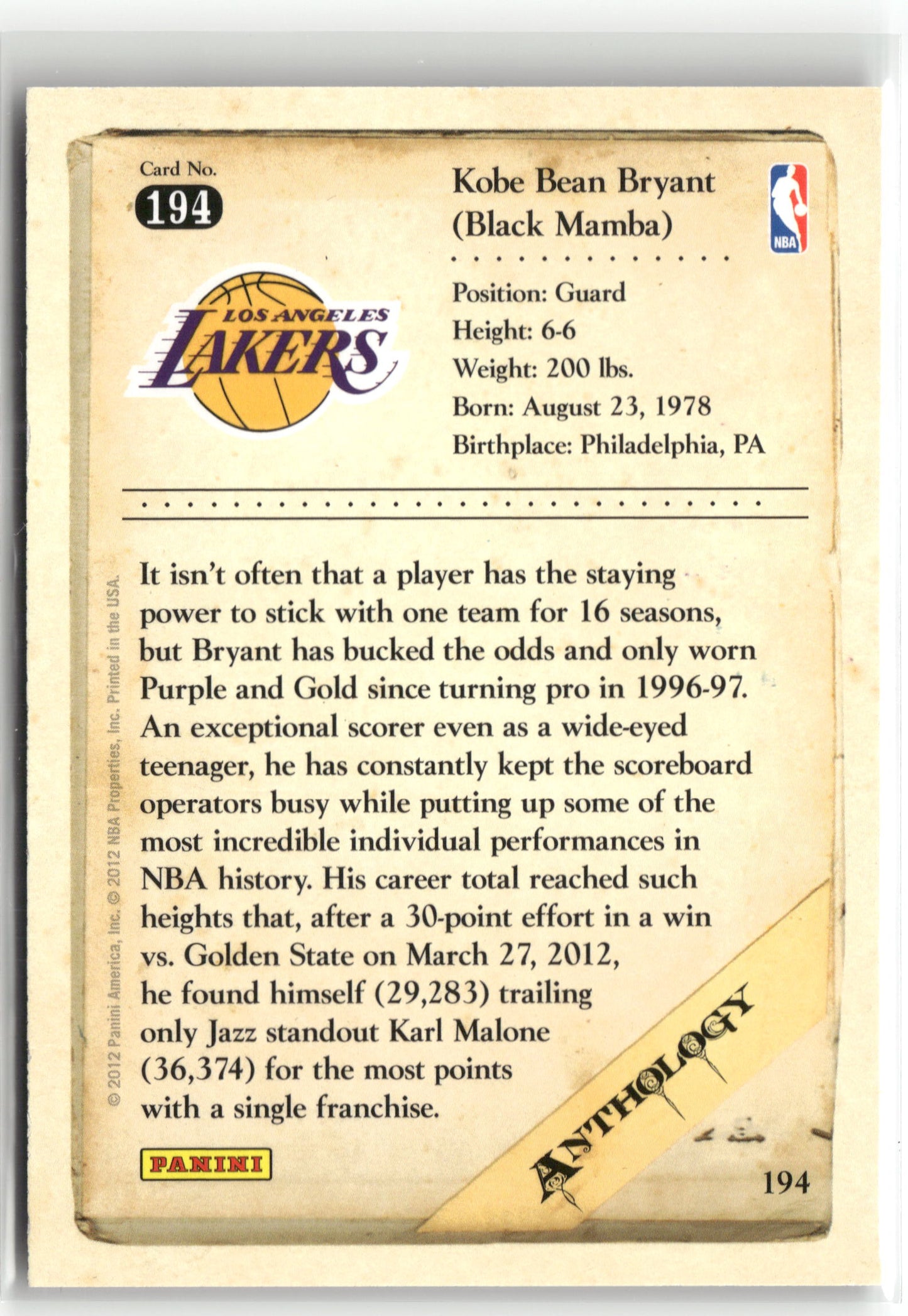 Basketball NBA Kobe Bryant 2012 Panini Kobe Anthology #194 Los Angeles Lakers Trading Card Original