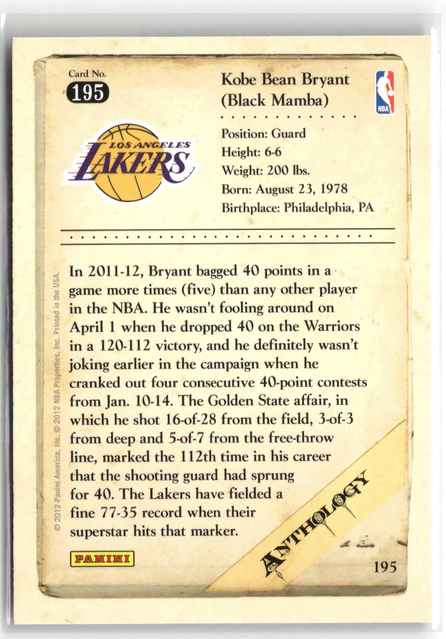 Basketball NBA Kobe Bryant 2012 Panini Kobe Anthology #195 Los Angeles Lakers Trading Card Original