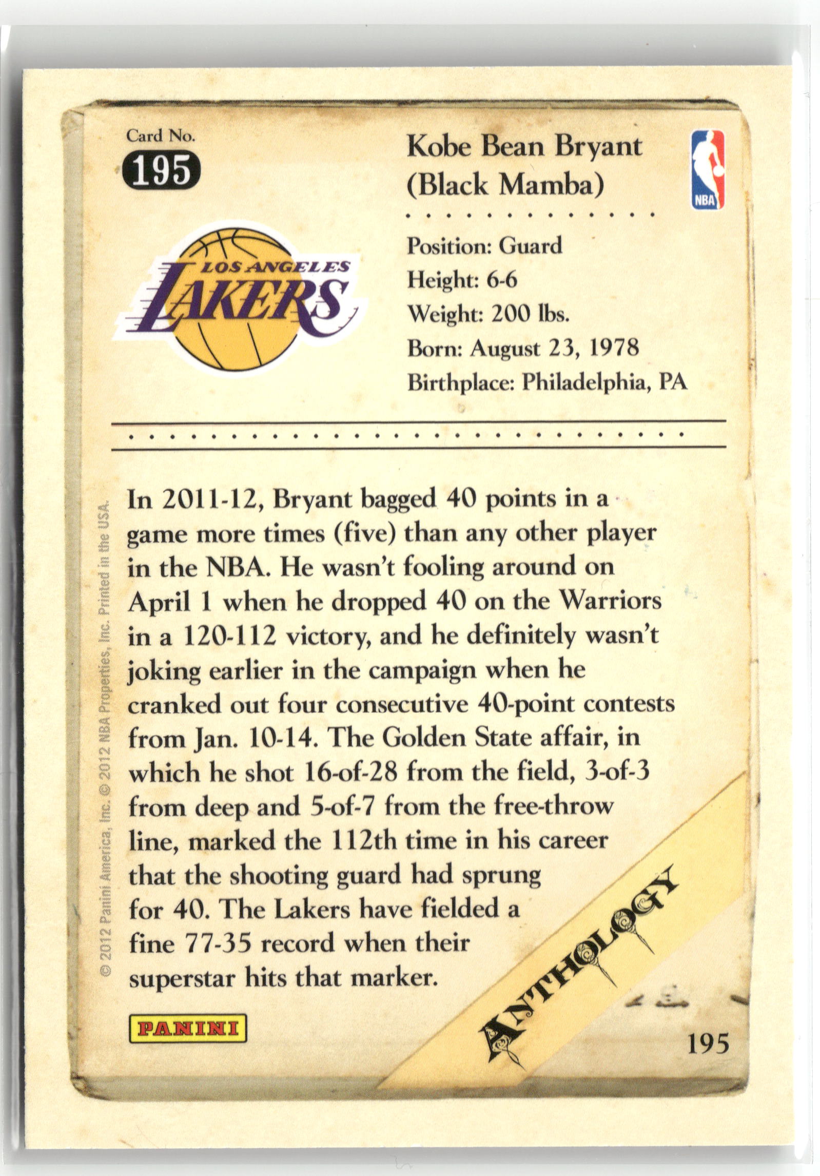 Basketball NBA Kobe Bryant 2012 Panini Kobe Anthology #195 Los Angeles Lakers Trading Card Original