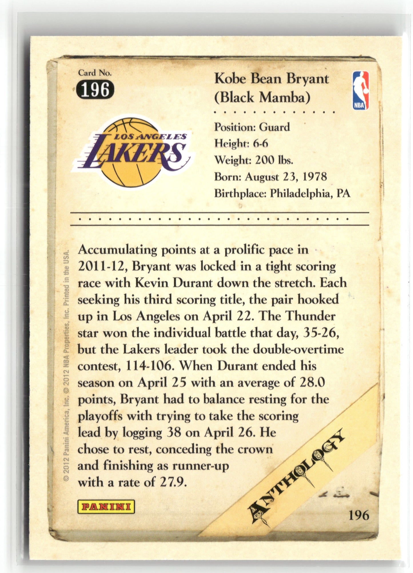 Basketball NBA Kobe Bryant 2012 Panini Kobe Anthology #196 Los Angeles Lakers Trading Card Original