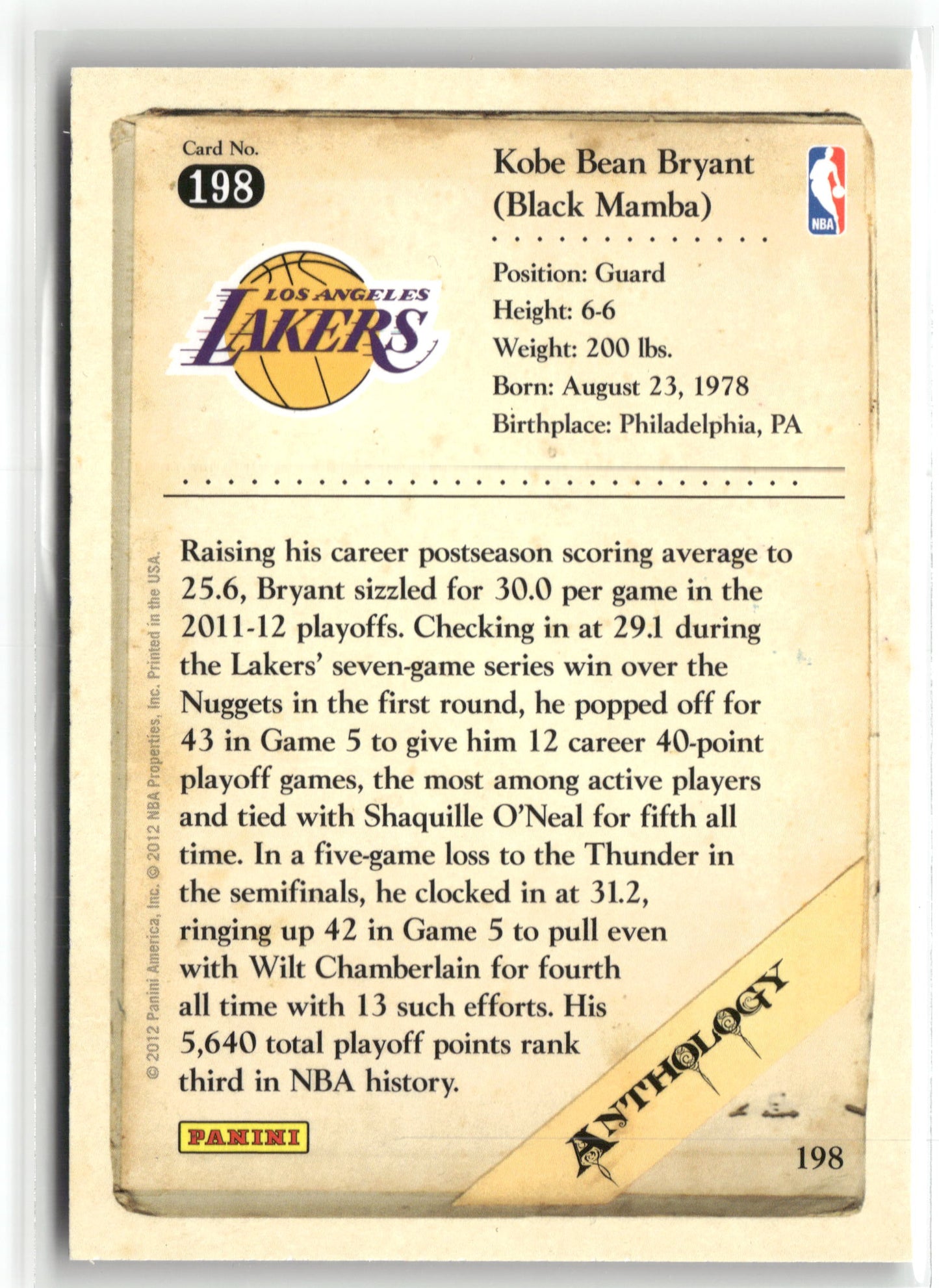 Basketball NBA Kobe Bryant 2012 Panini Kobe Anthology #198 Los Angeles Lakers Trading Card Original