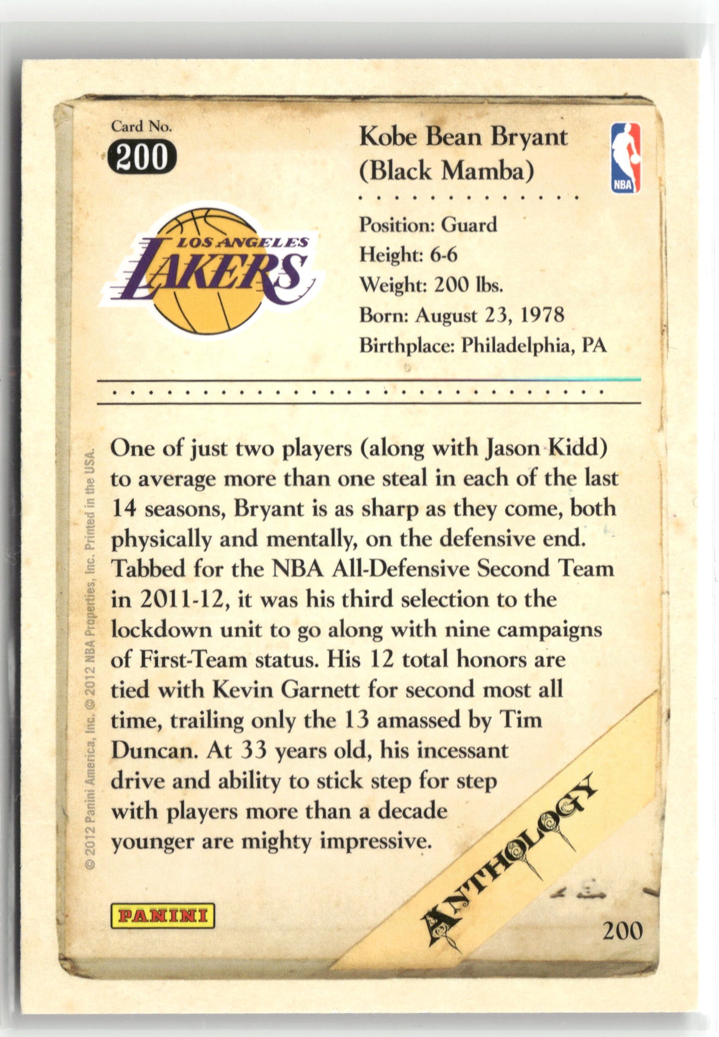 Basketball NBA Kobe Bryant 2012 Panini Kobe Anthology #200 Los Angeles Lakers Trading Card Original