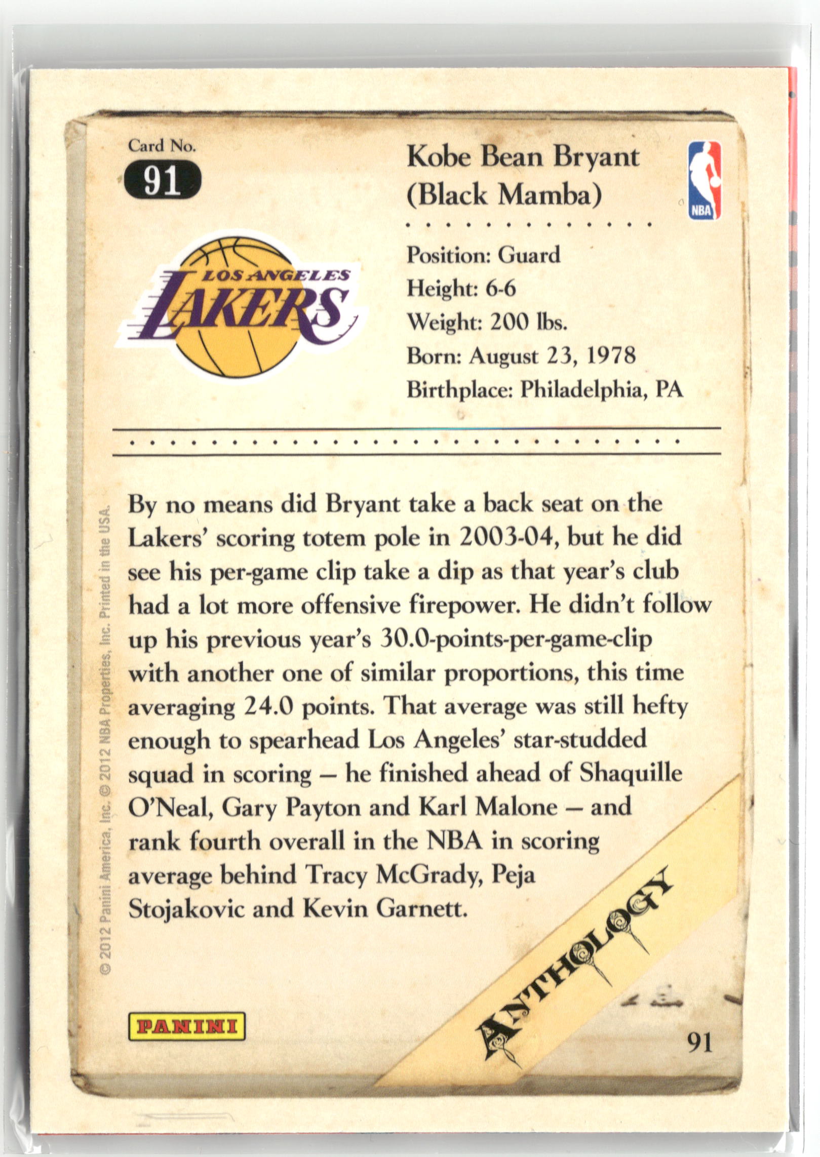 Basketball NBA Kobe Bryant 2012 Panini Kobe Anthology #91 Los Angeles Lakers Trading Card Original