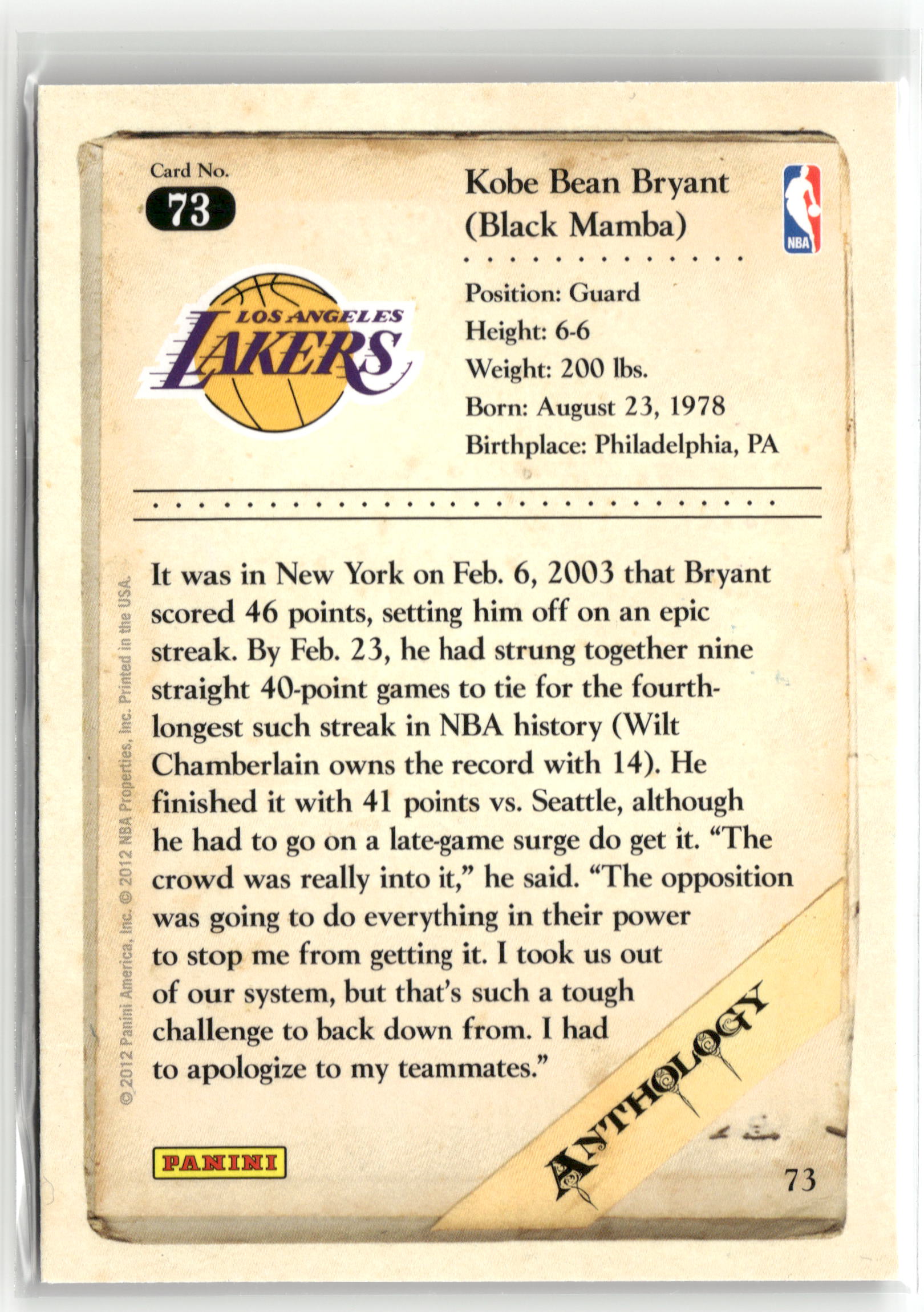 Basketball NBA Kobe Bryant 2012 Panini Kobe Anthology #73 Los Angeles Lakers Trading Card Original