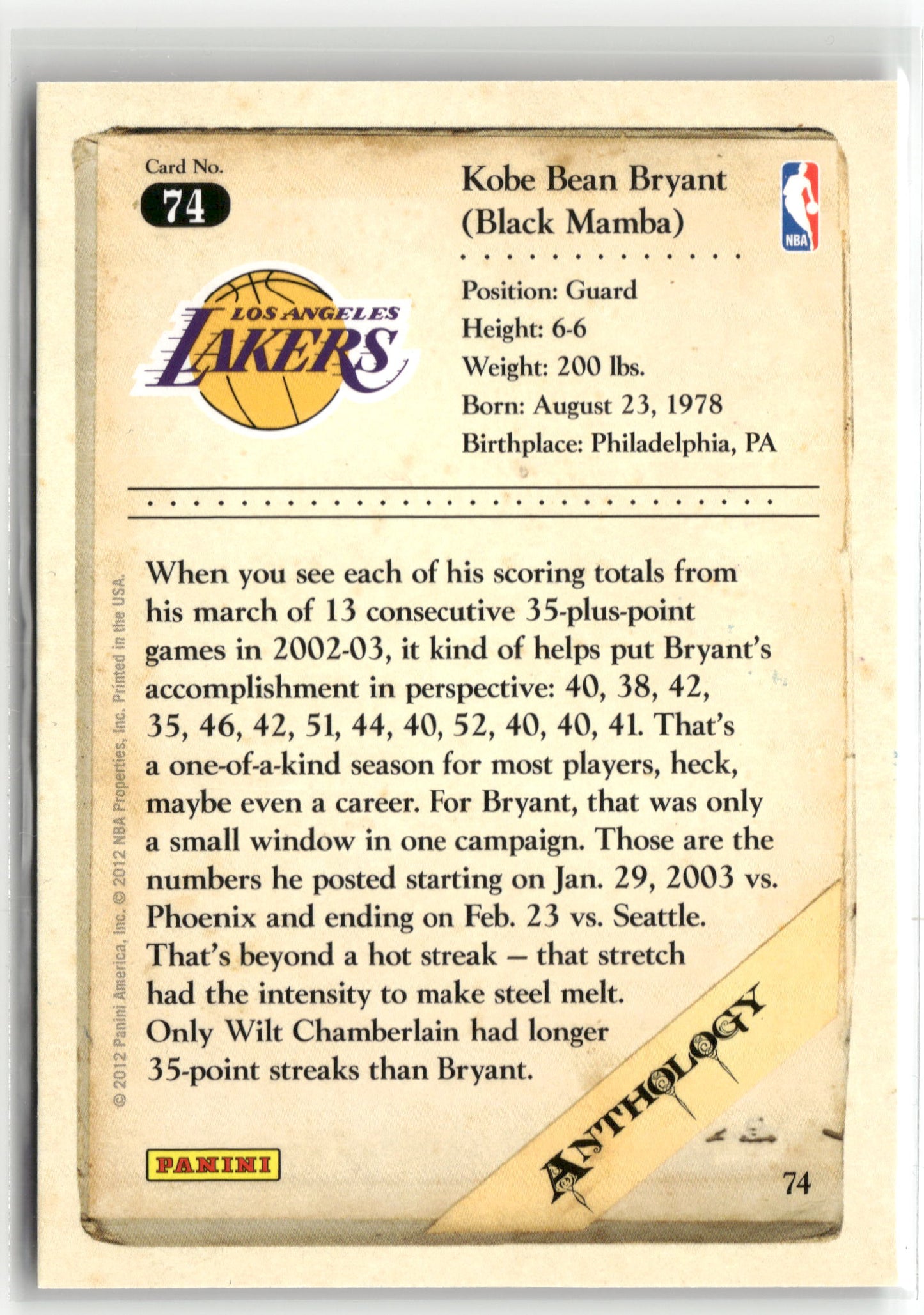 Basketball NBA Kobe Bryant 2012 Panini Kobe Anthology #74 Los Angeles Lakers Trading Card Original