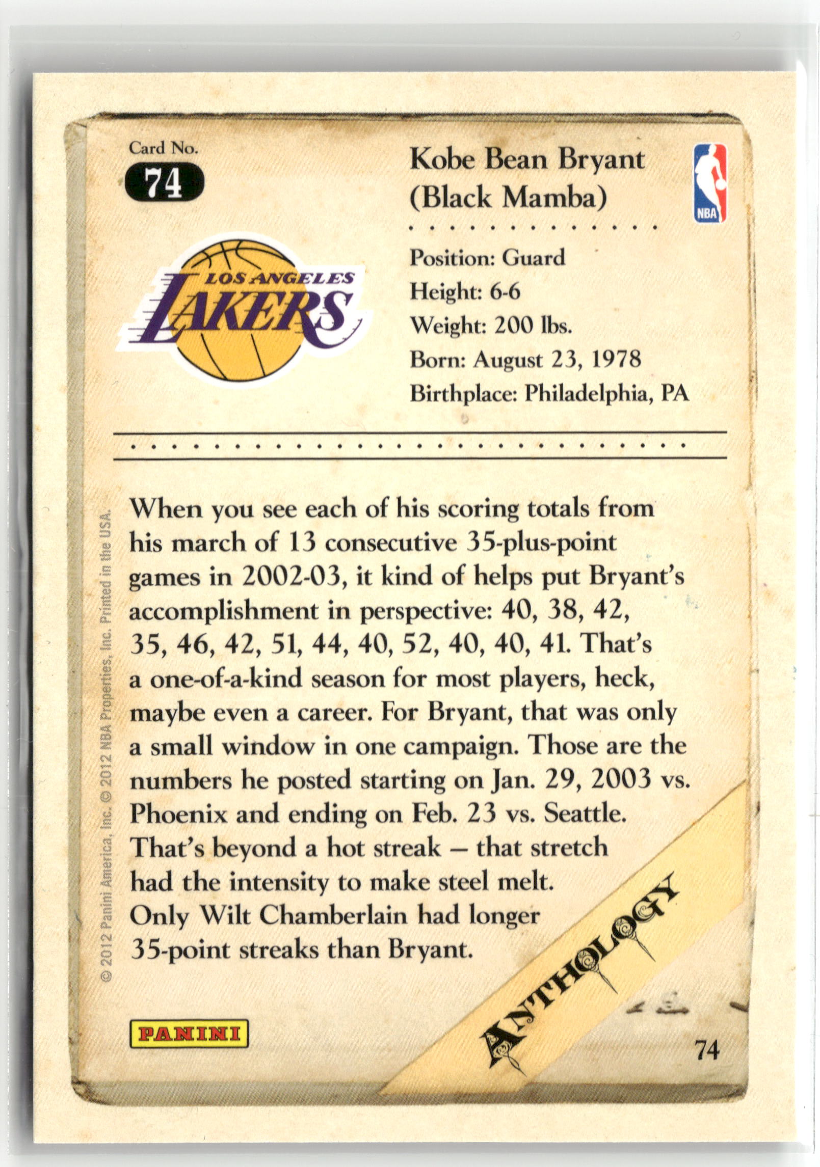 Basketball NBA Kobe Bryant 2012 Panini Kobe Anthology #74 Los Angeles Lakers Trading Card Original