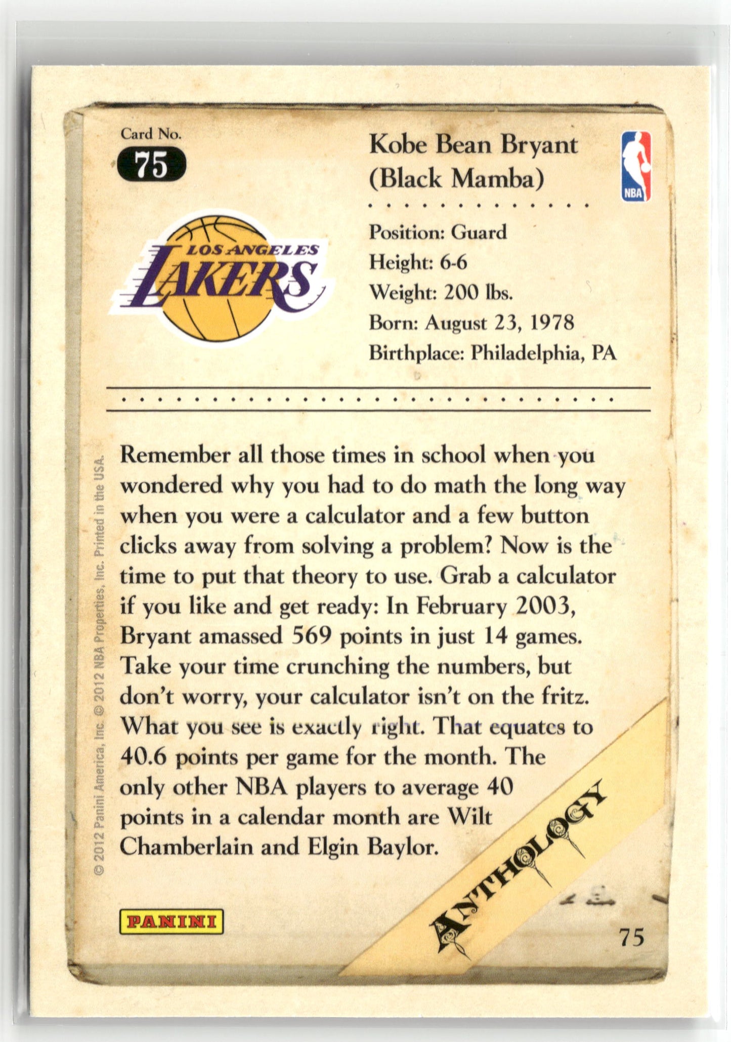 Basketball NBA Kobe Bryant 2012 Panini Kobe Anthology #75 Los Angeles Lakers Trading Card Original