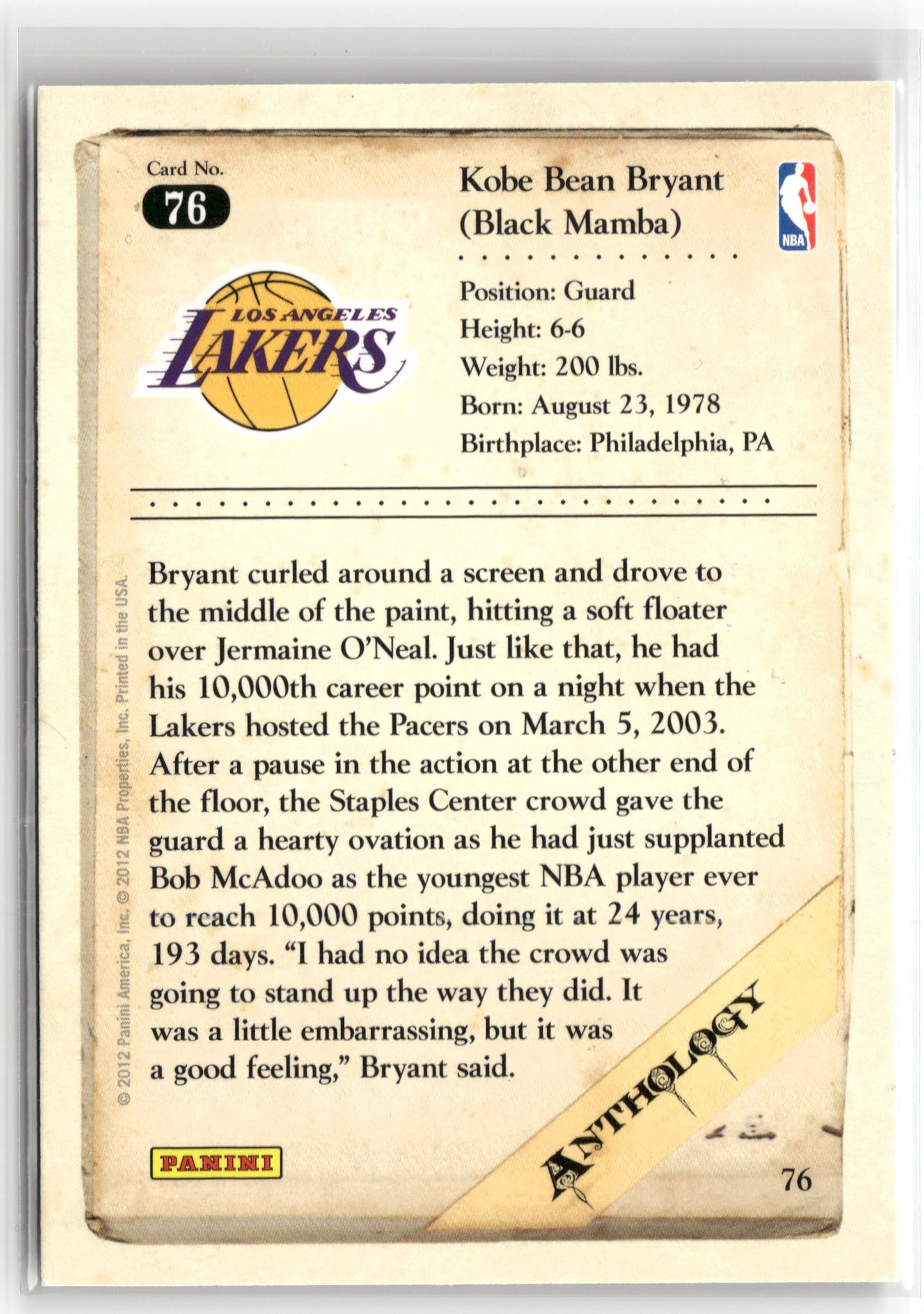 Basketball NBA Kobe Bryant 2012 Panini Kobe Anthology #76 Los Angeles Lakers Trading Card Original