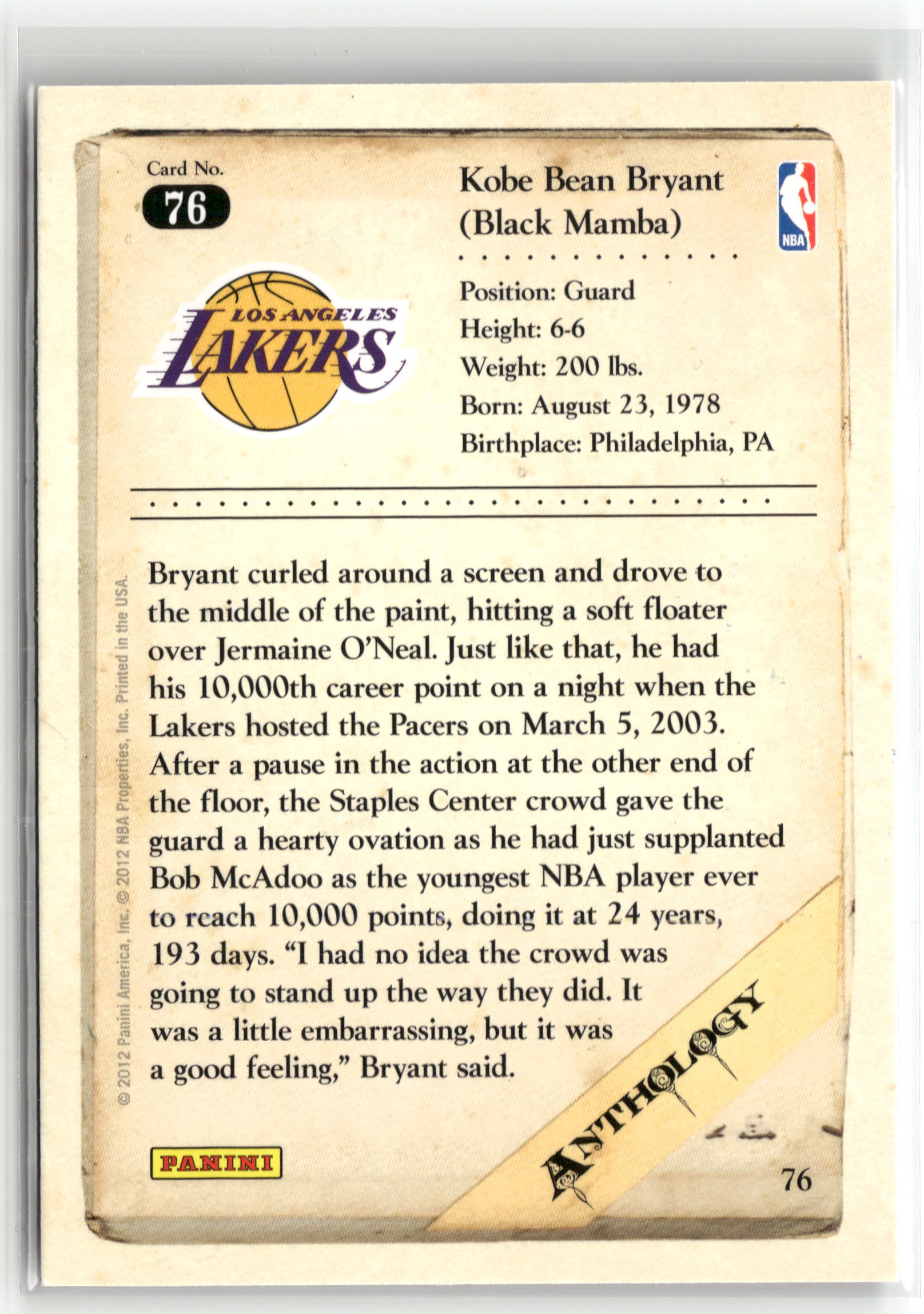 Basketball NBA Kobe Bryant 2012 Panini Kobe Anthology #76 Los Angeles Lakers Trading Card Original