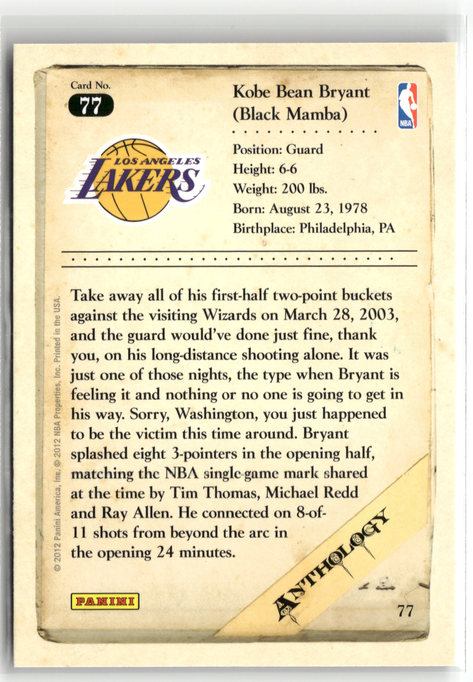Basketball NBA Kobe Bryant 2012 Panini Kobe Anthology #77 Los Angeles Lakers Trading Card Original